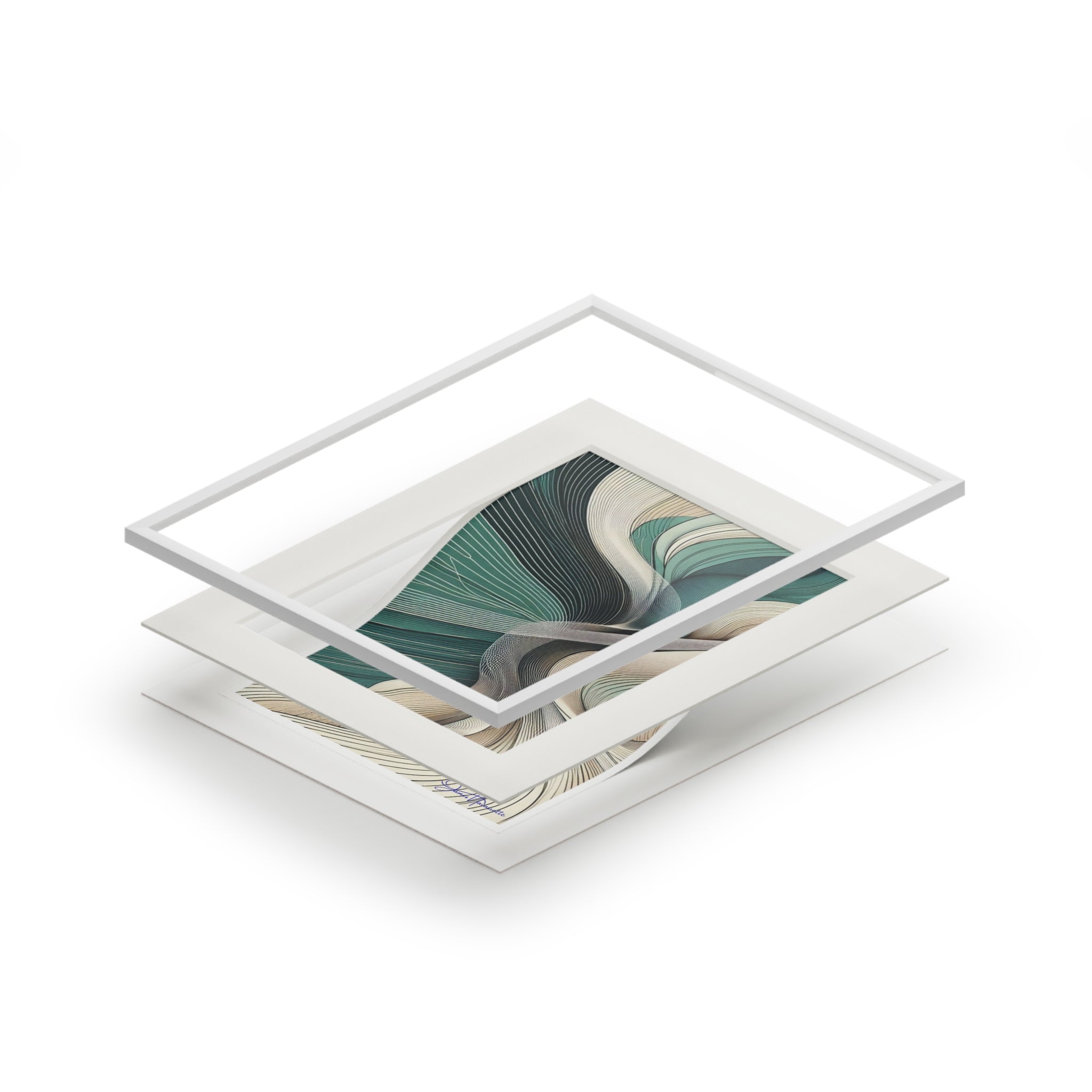 Stack of framed artworks with abstract design on a white background