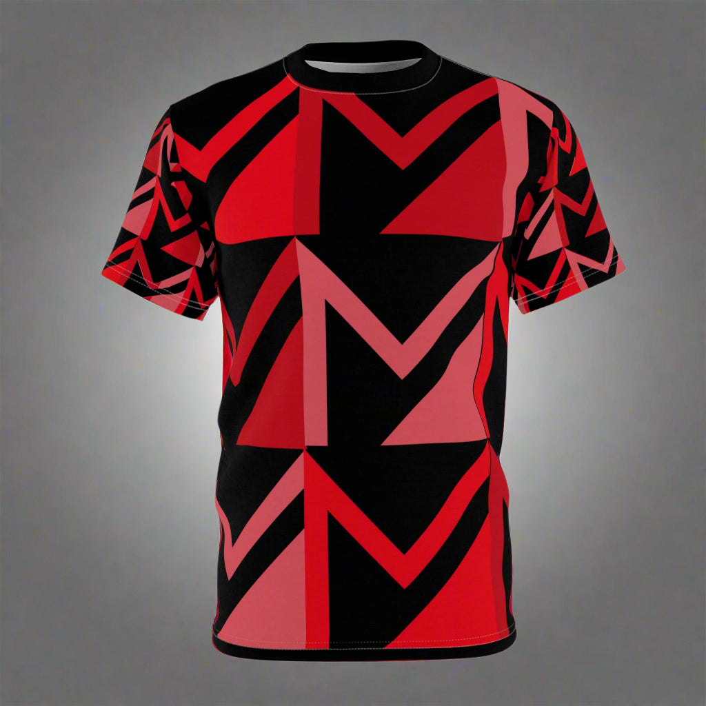 T-shirt with red and black geometric pattern on a white background