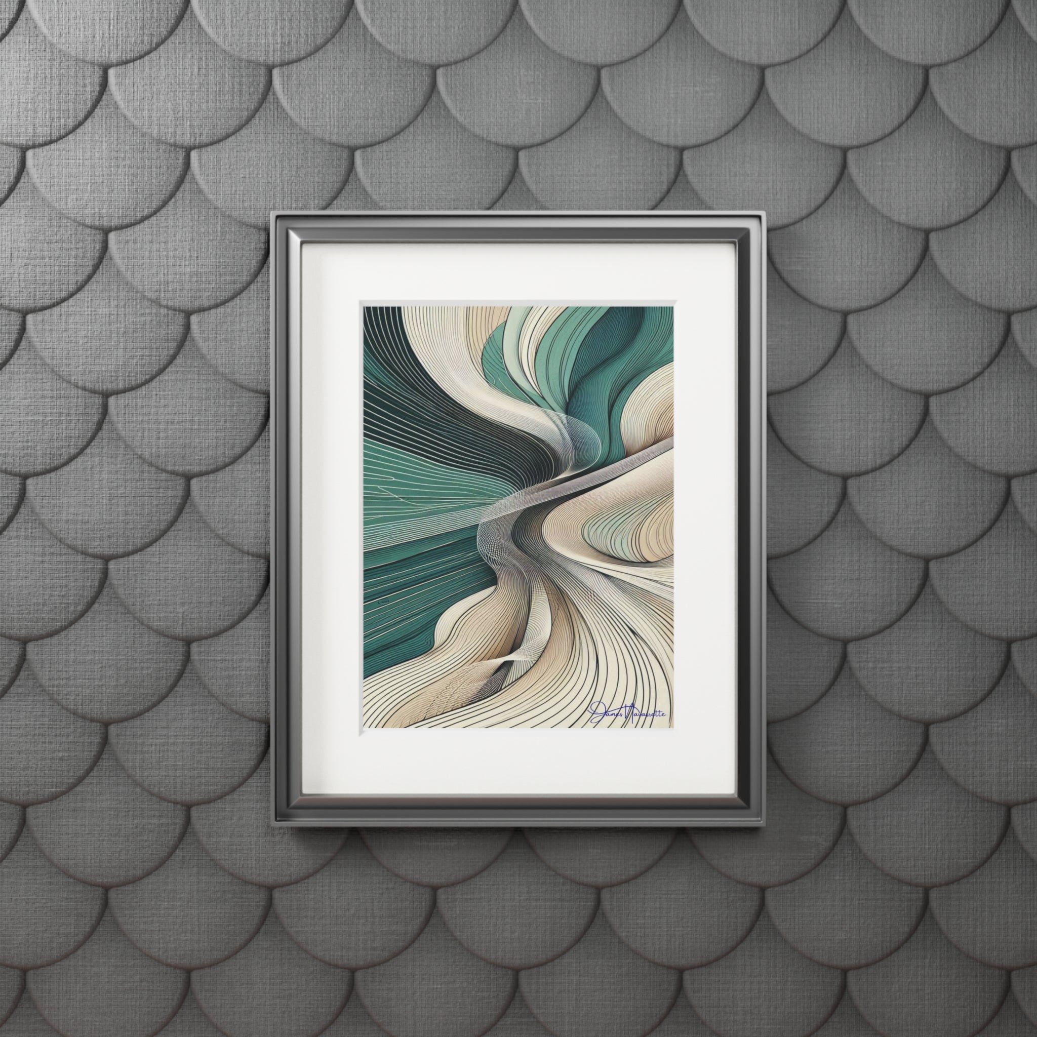 Framed abstract artwork with wavy patterns on a textured gray wall.