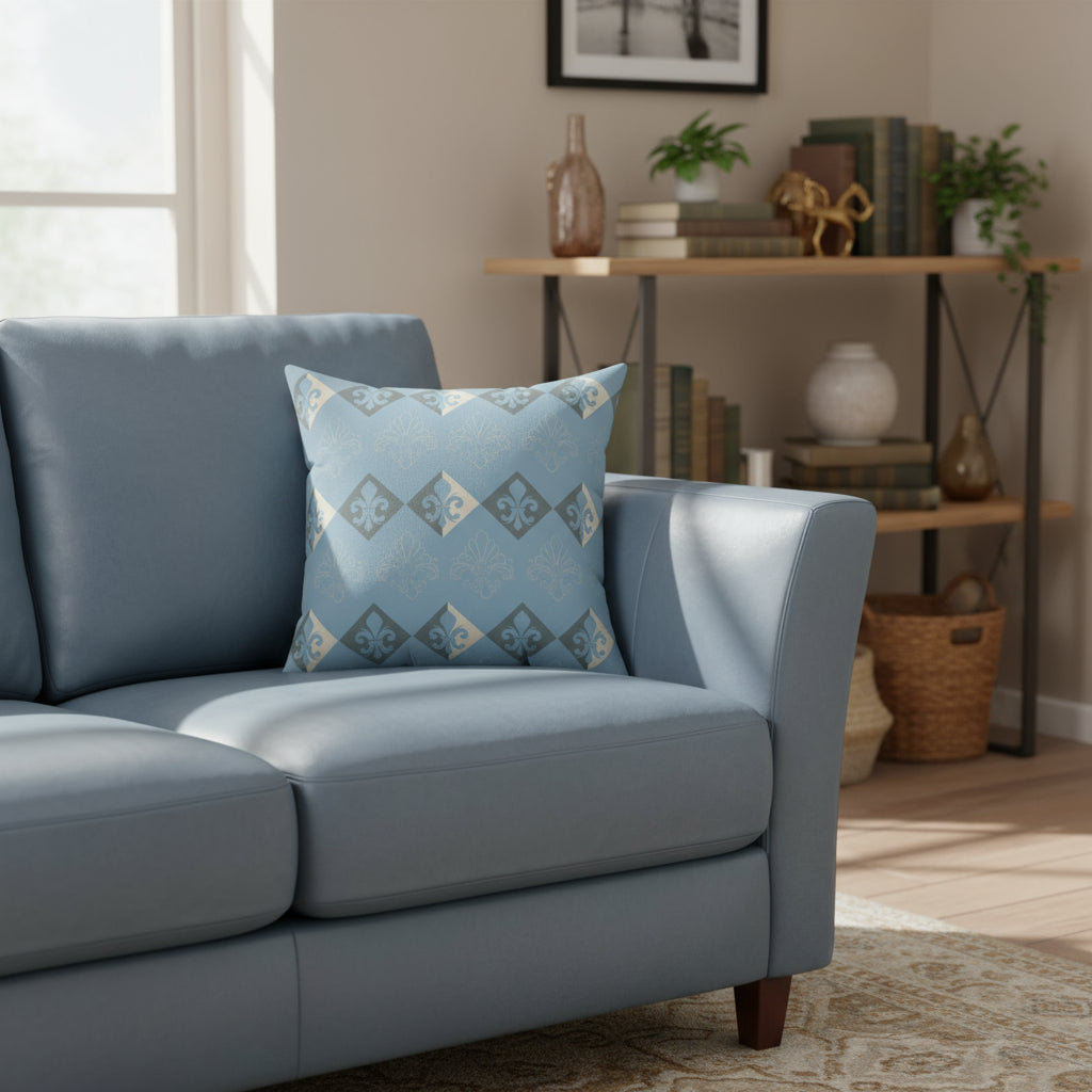 Blue pillow with geometric pattern on a white background