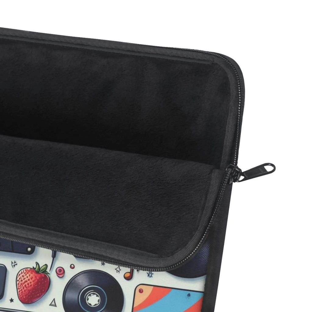 Black zippered case with colorful design on a white background