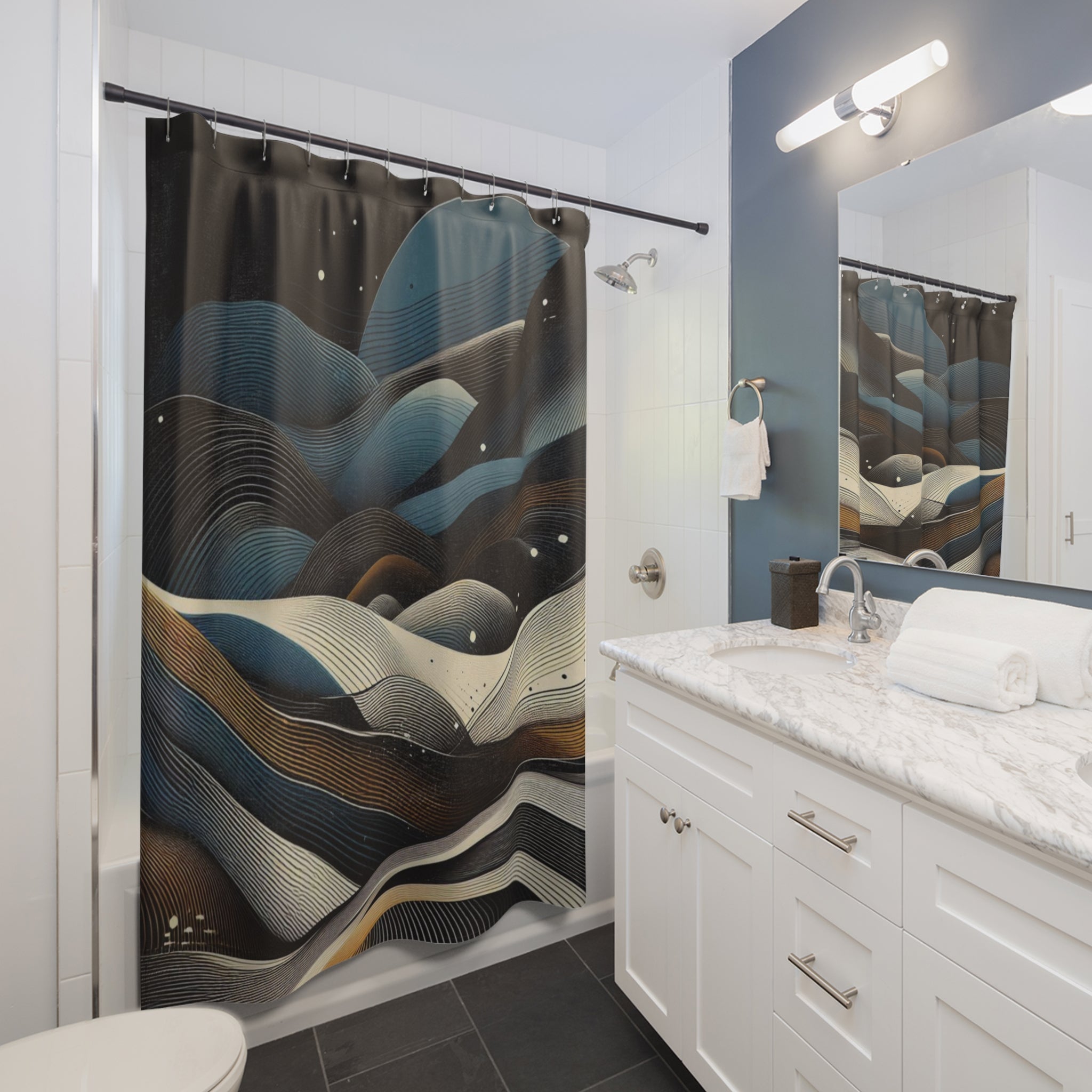 Bathroom with a modern shower curtain featuring wavy patterns and a white vanity.