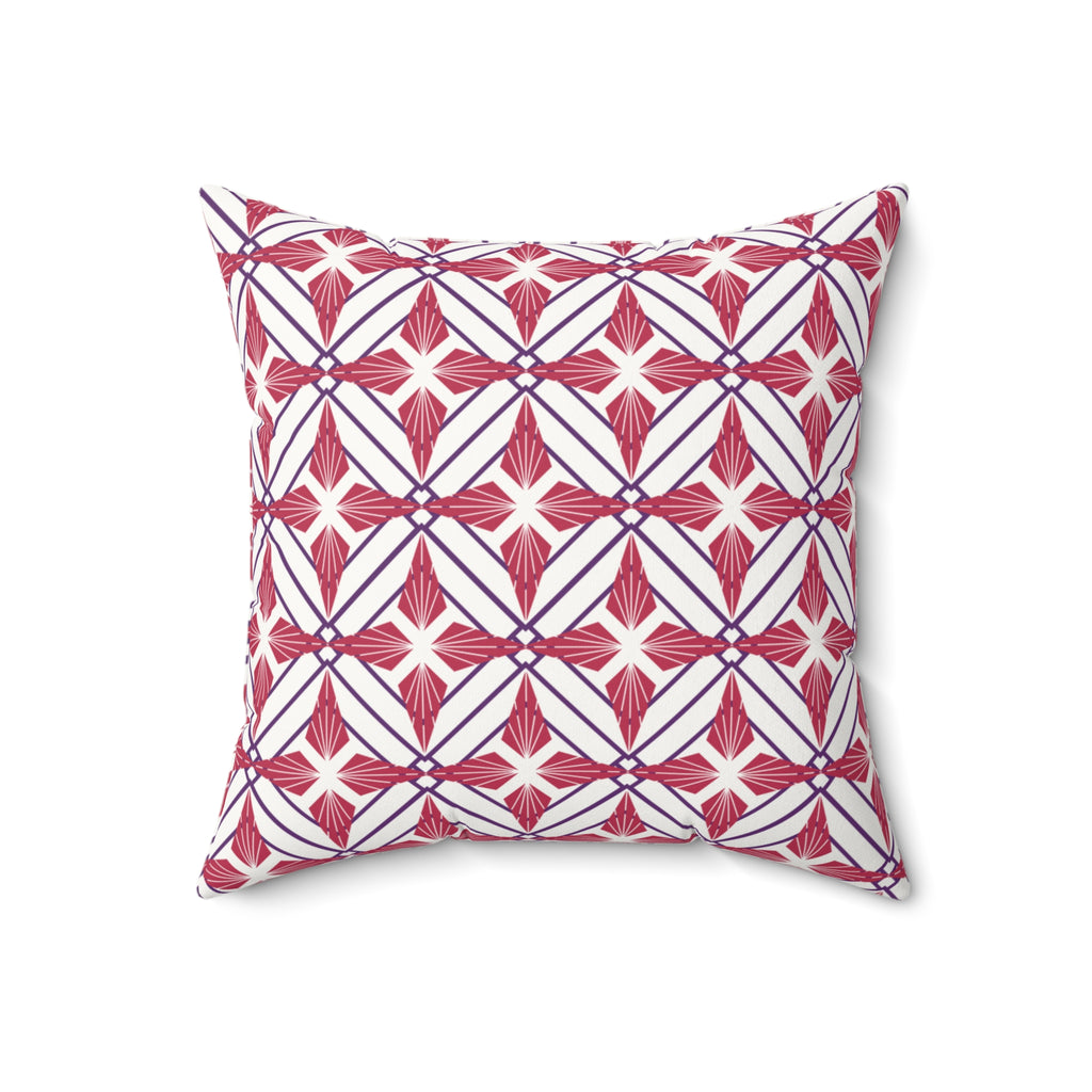 Decorative pillow with red and white geometric pattern on a white background