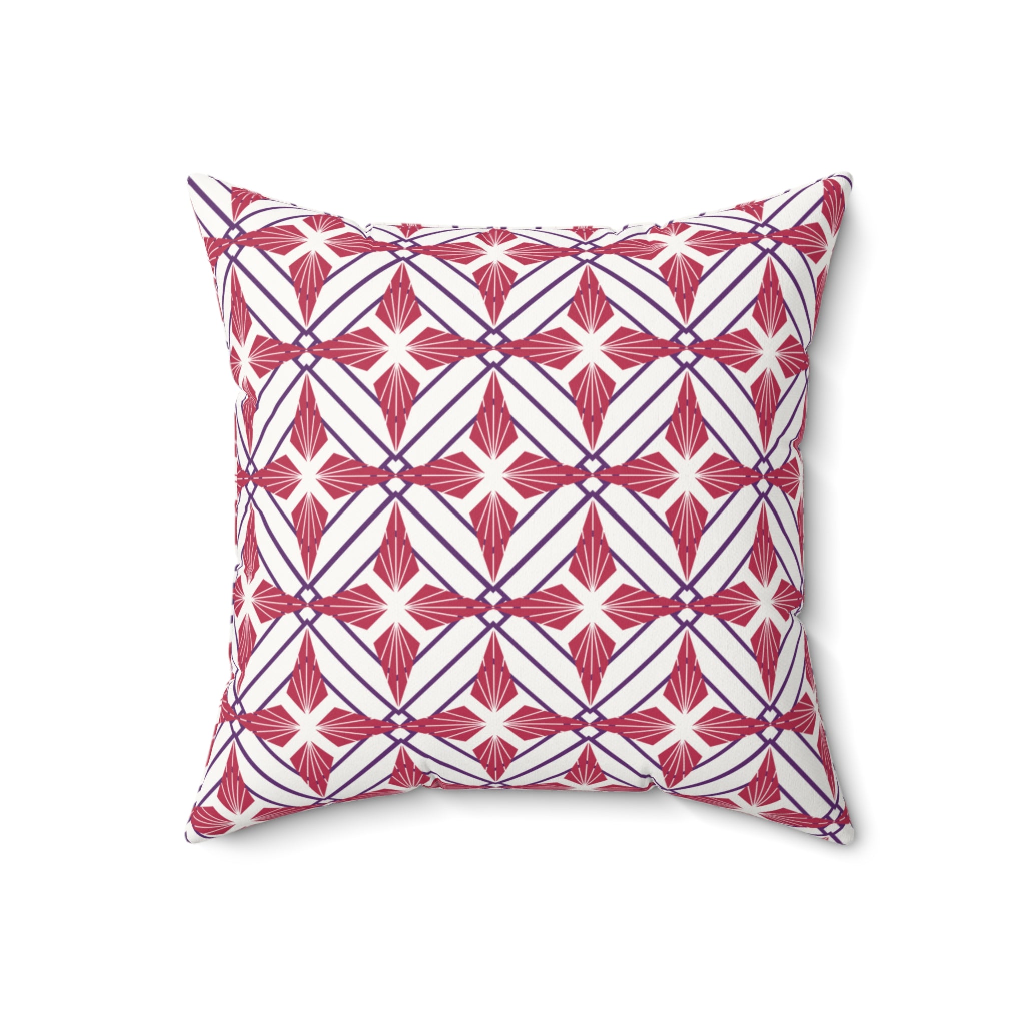 Decorative pillow with red and white geometric pattern on a white background