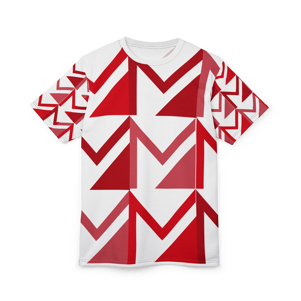 White t-shirt with red geometric pattern on a white background
