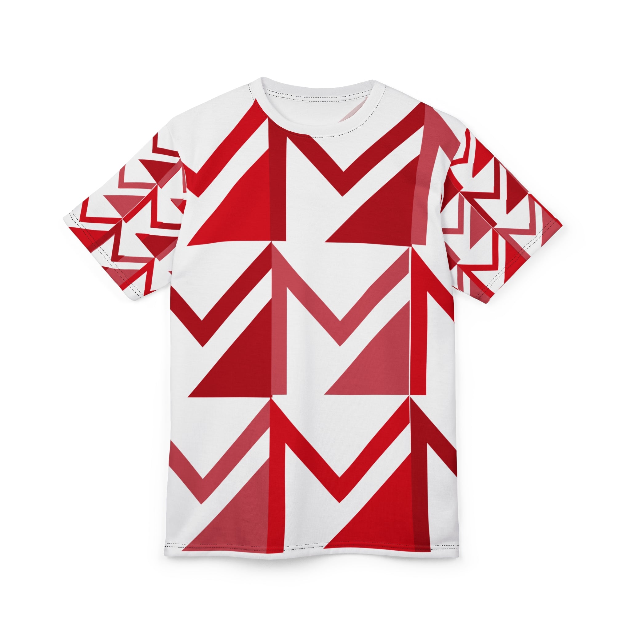 White t-shirt with red geometric pattern on a white background