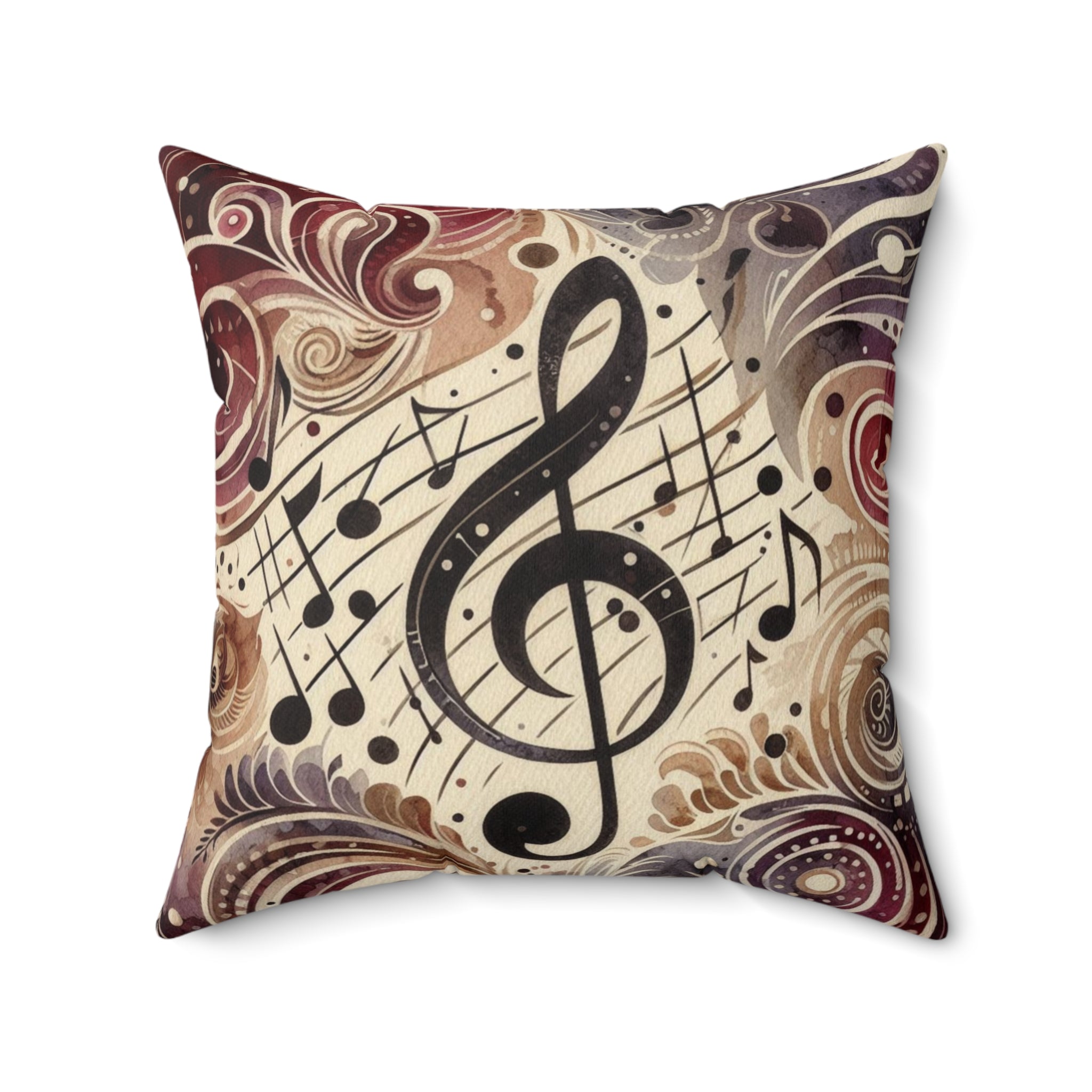 Decorative pillow with musical notes and treble clef design on a white background