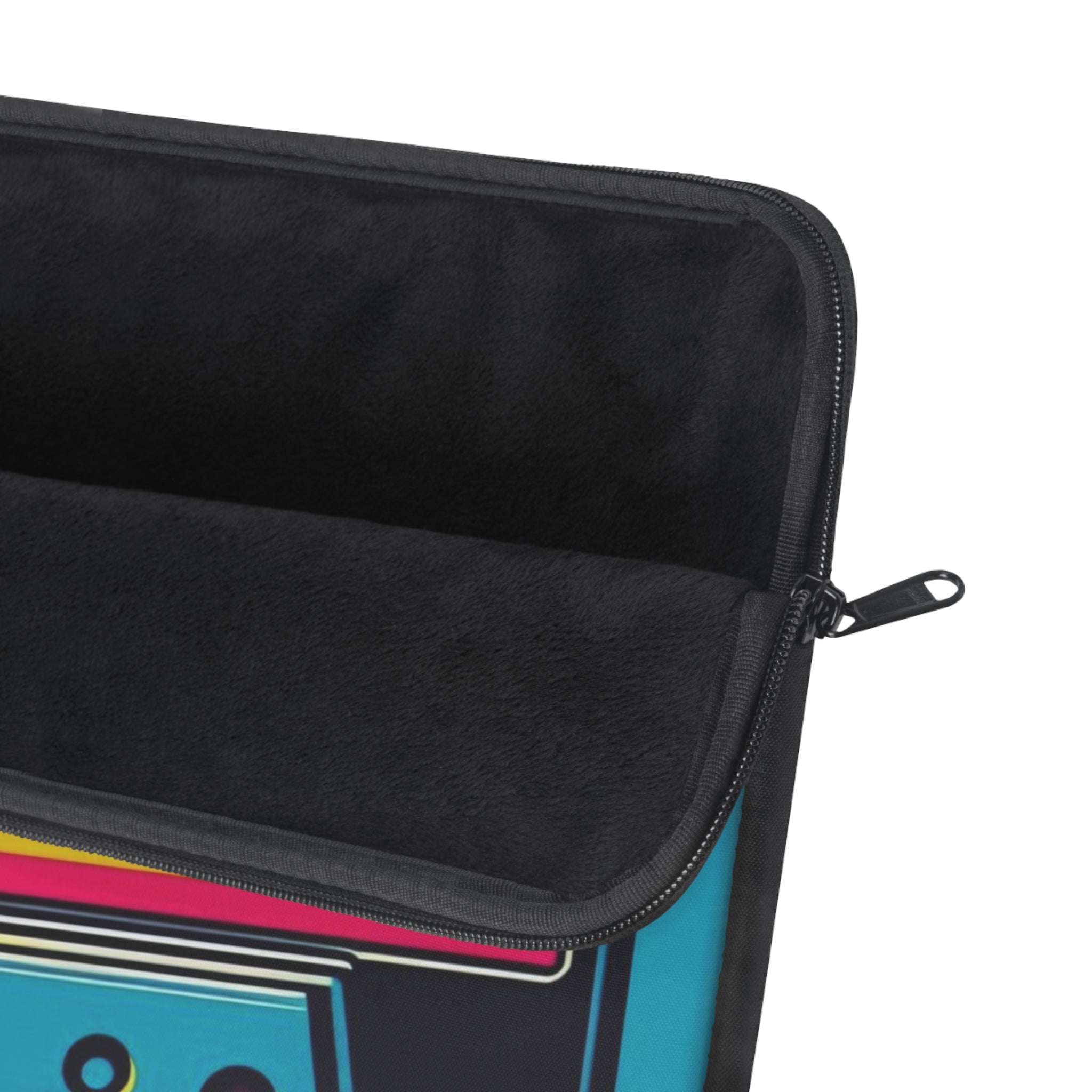 Close-up of a black zippered pouch with colorful design on a white background