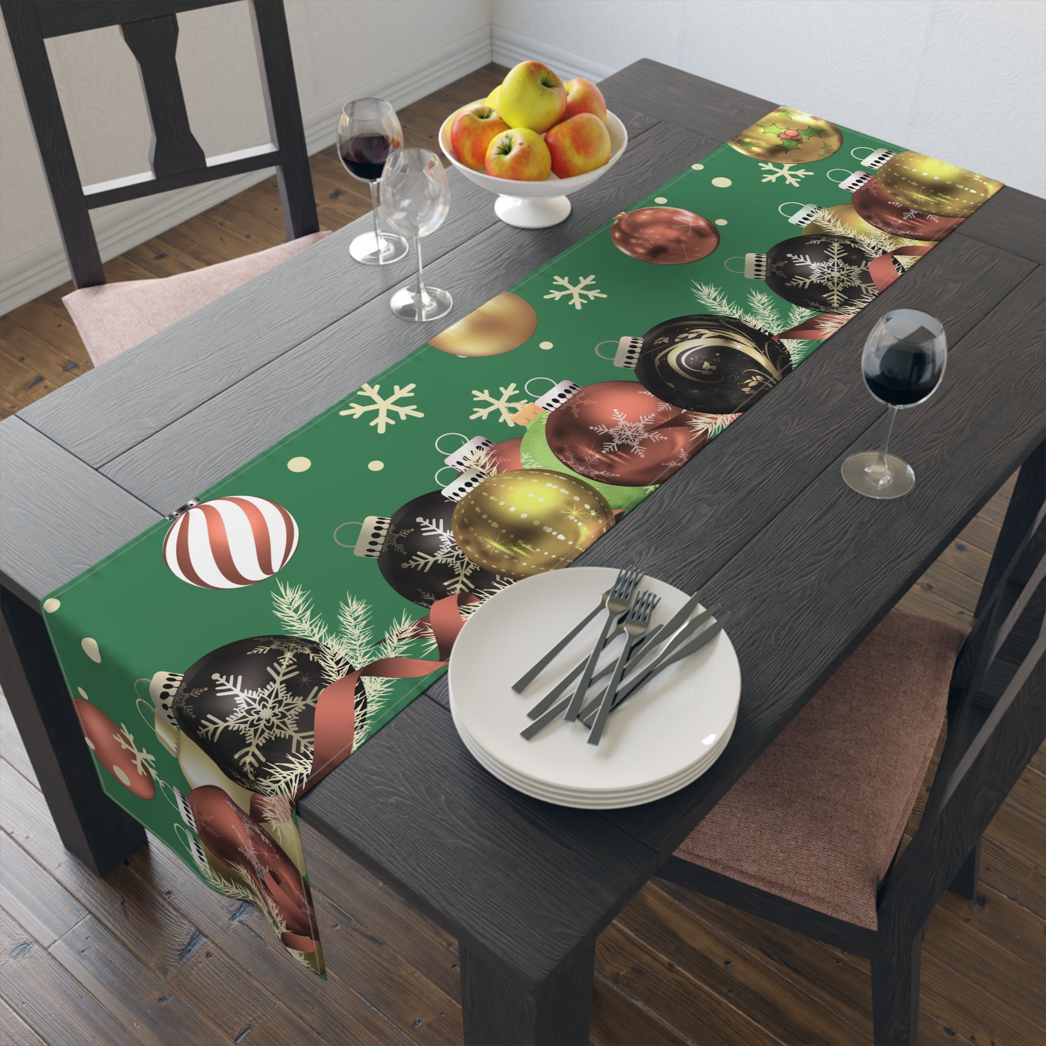 Christmas Ornaments Green Table Runner