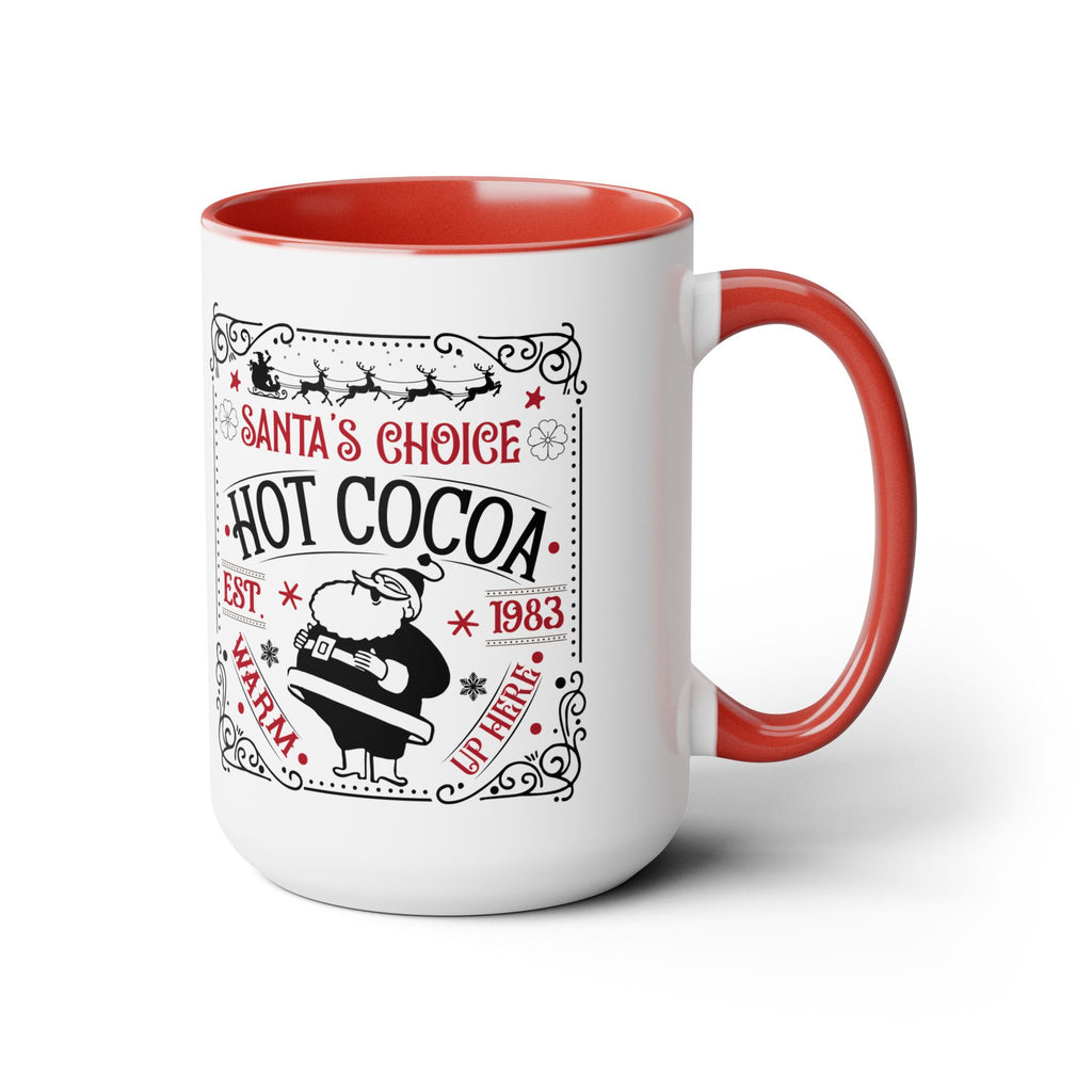 White mug with red interior and handle featuring 'Santa's Choice Hot Cocoa' text and design.