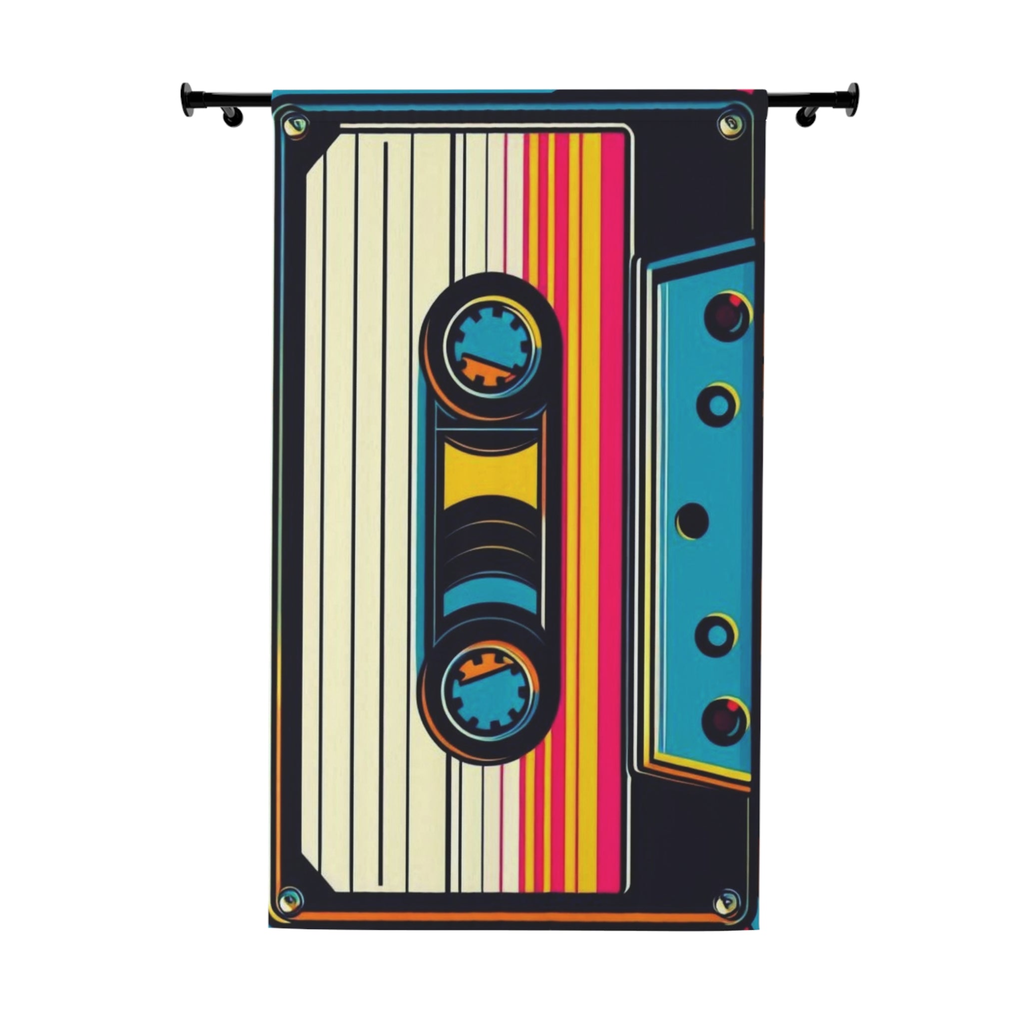 Colorful tape cassette design on a white background