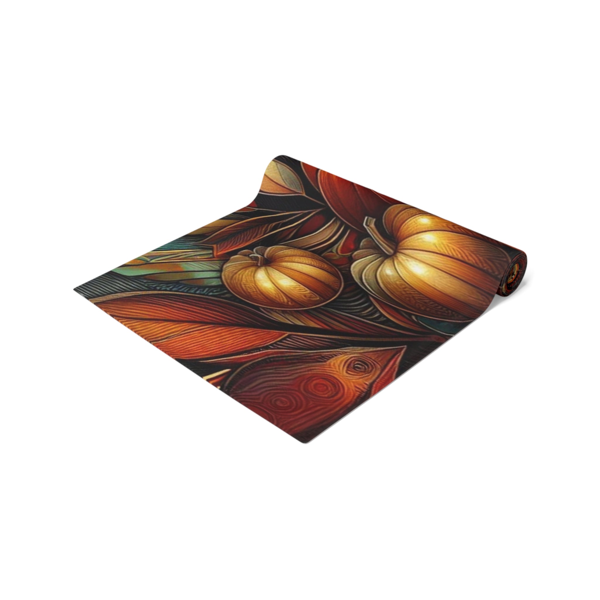 Yoga mat with autumn-themed design on a white background
