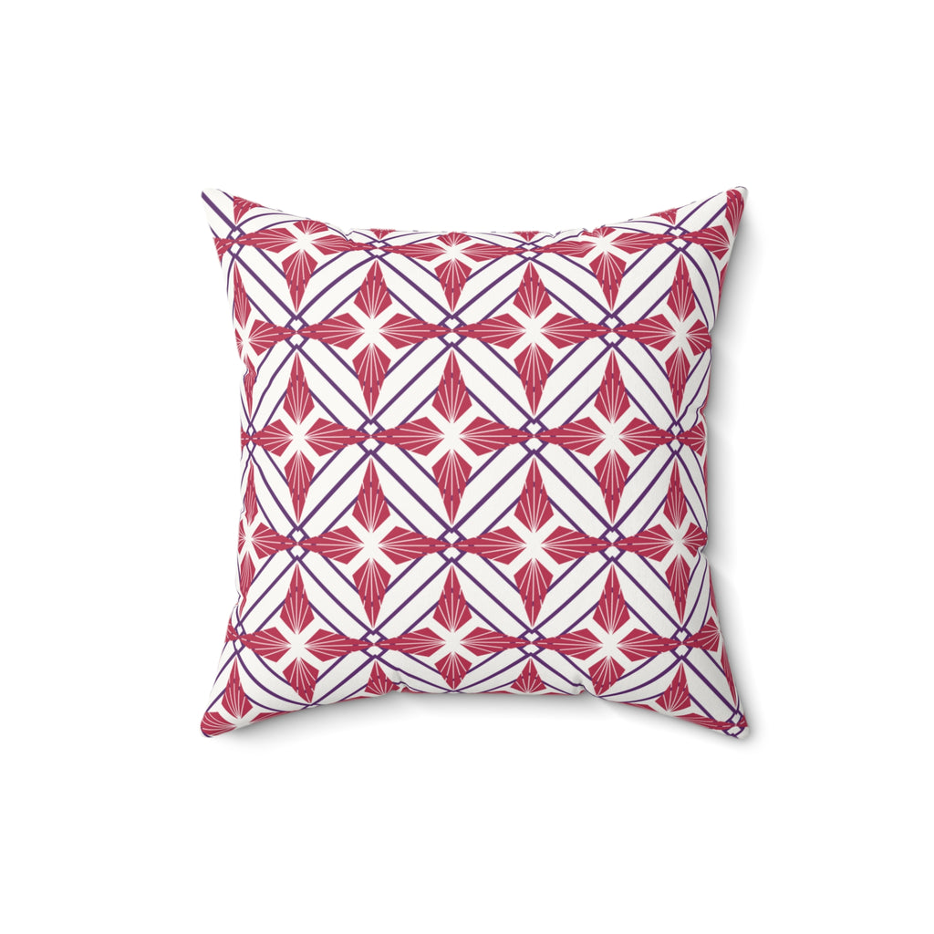 Decorative pillow with red and white geometric pattern on a white background