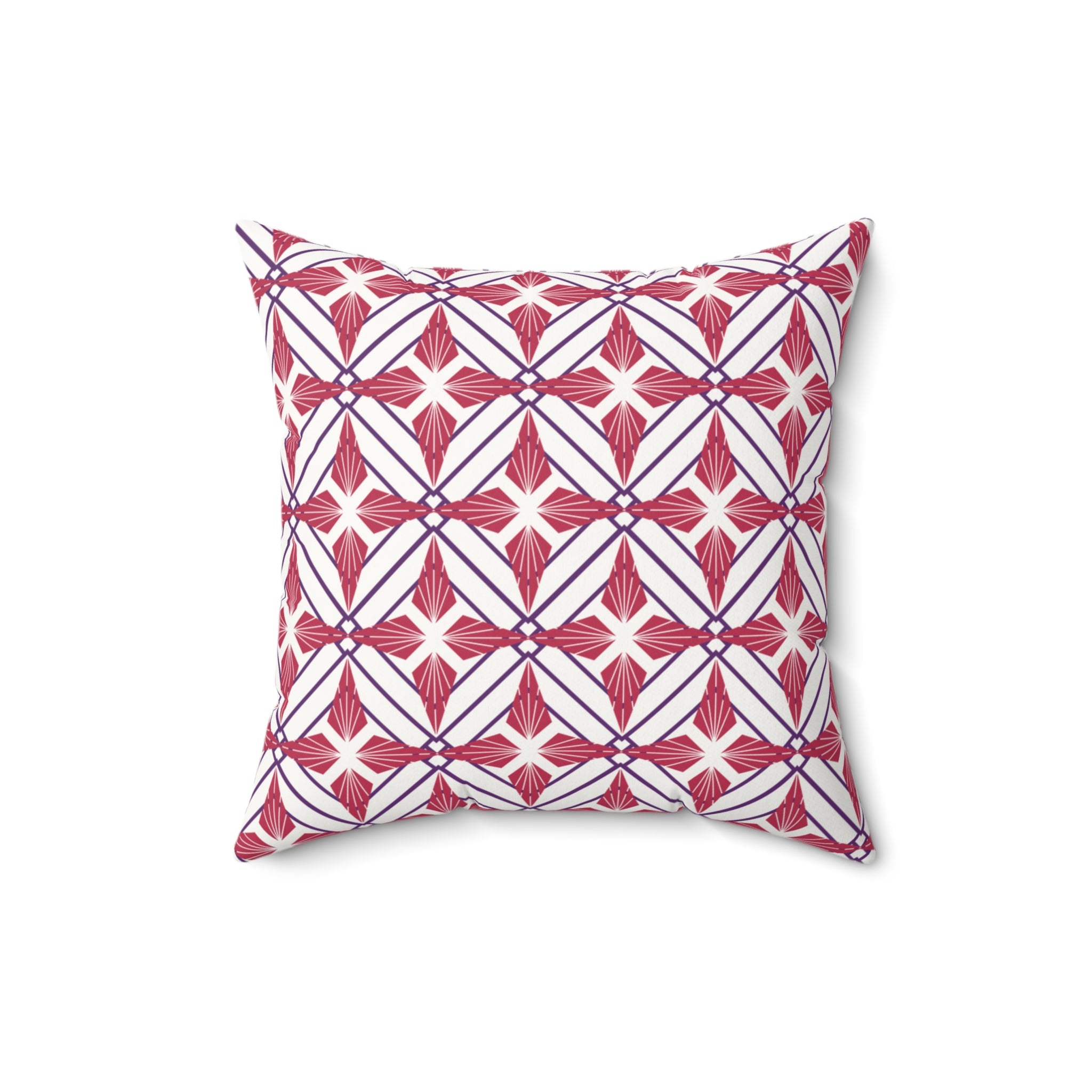 Decorative pillow with red and white geometric pattern on a white background