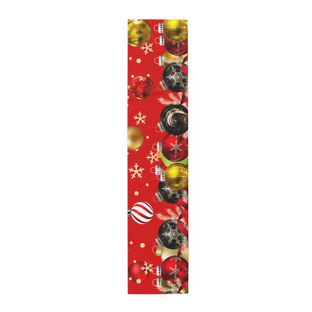 Red gift wrap with Christmas ball design on a white background