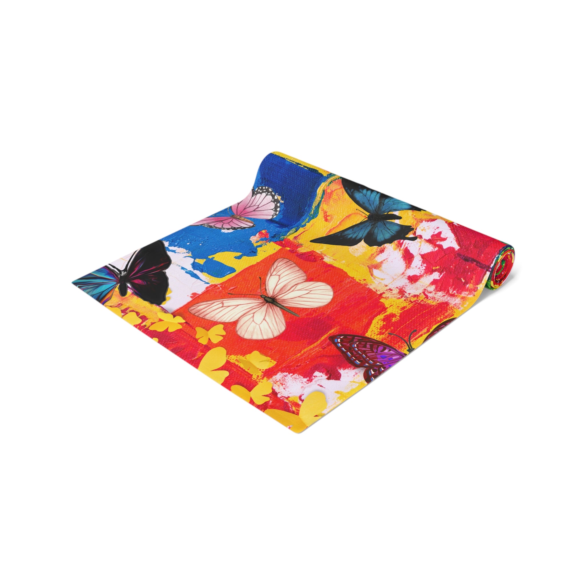 Colorful mat with butterfly design on a white background