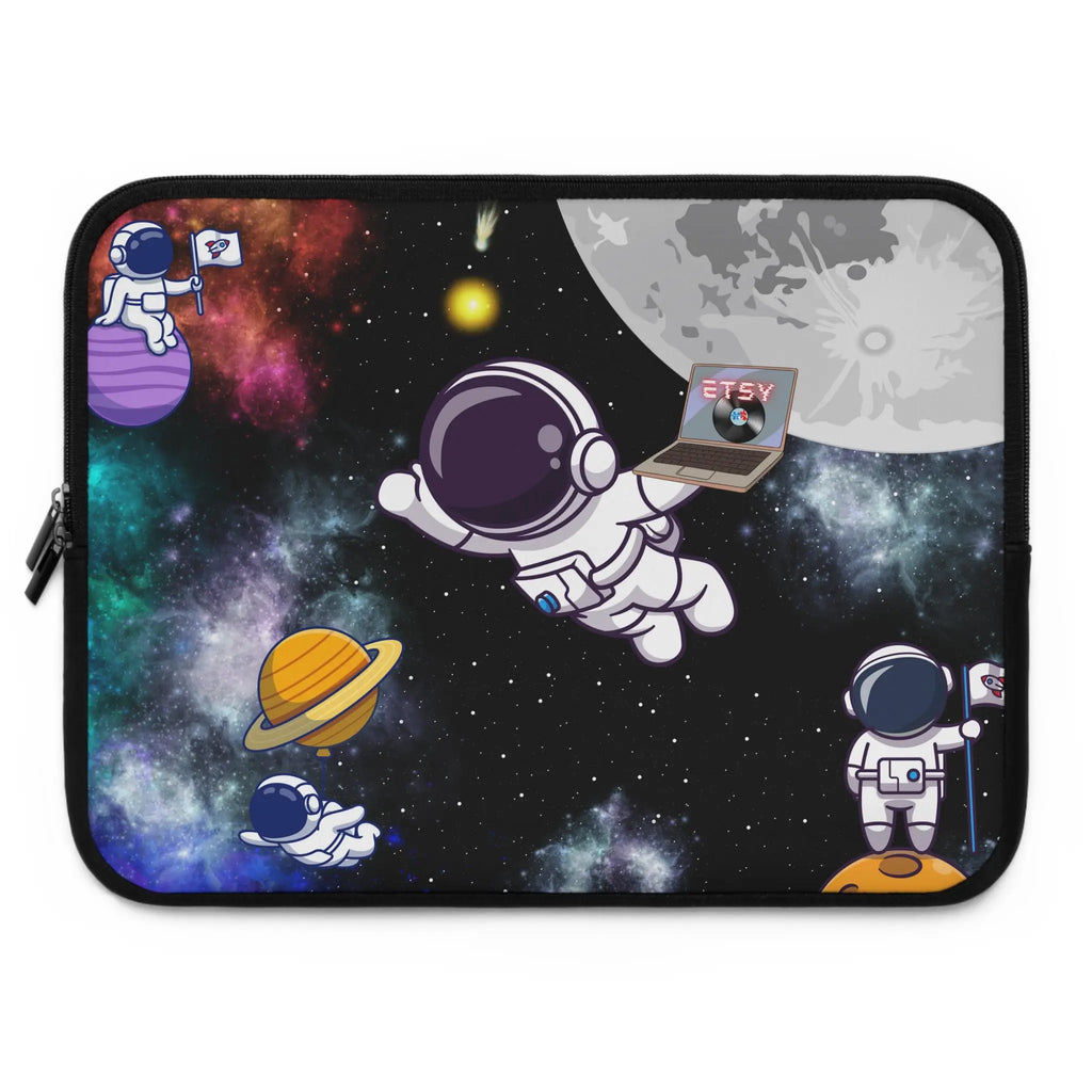 Laptop sleeve with space-themed design featuring astronauts and planets.