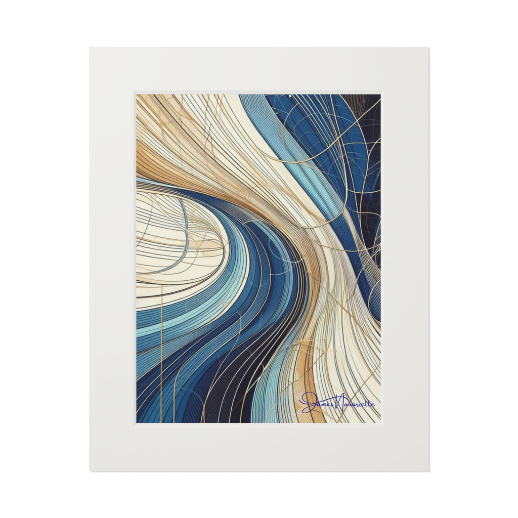Abstract art print with wavy lines in blue, beige, and brown on a white background