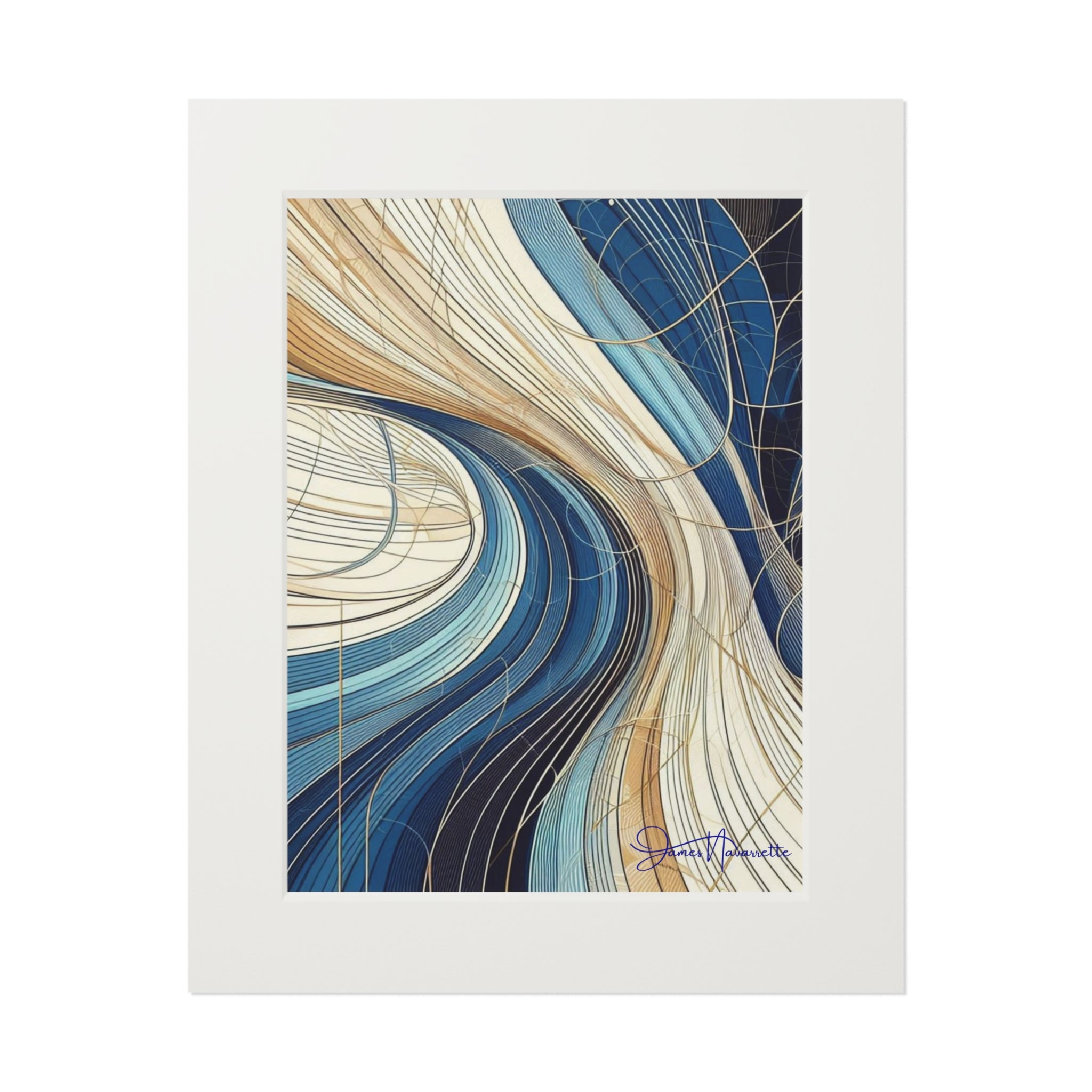 Fine Art Prints- Abstract Waterfall in cobalt, cream and white in Passepartout Paper Frame
