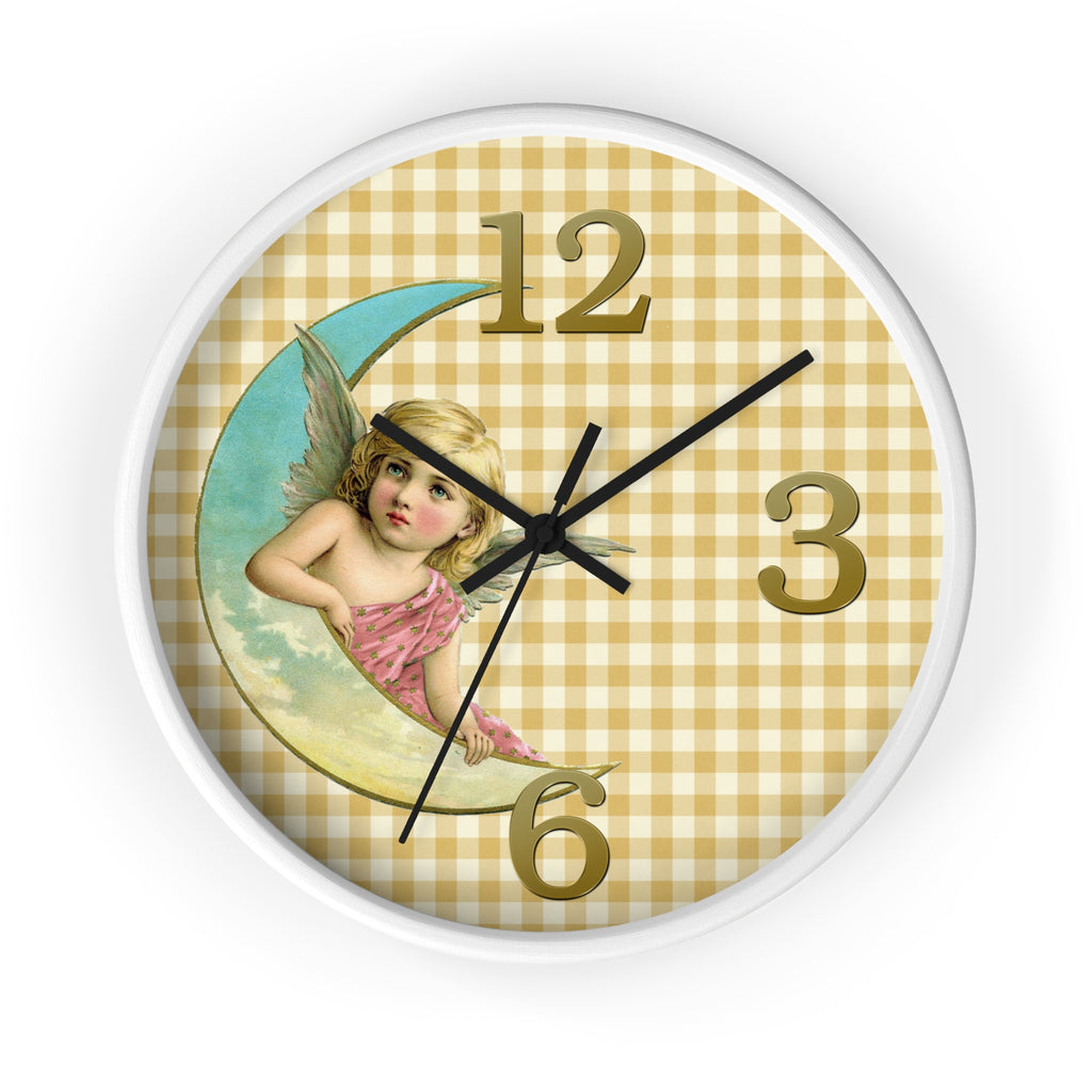 Wall clock with angel design on a yellow checkered background