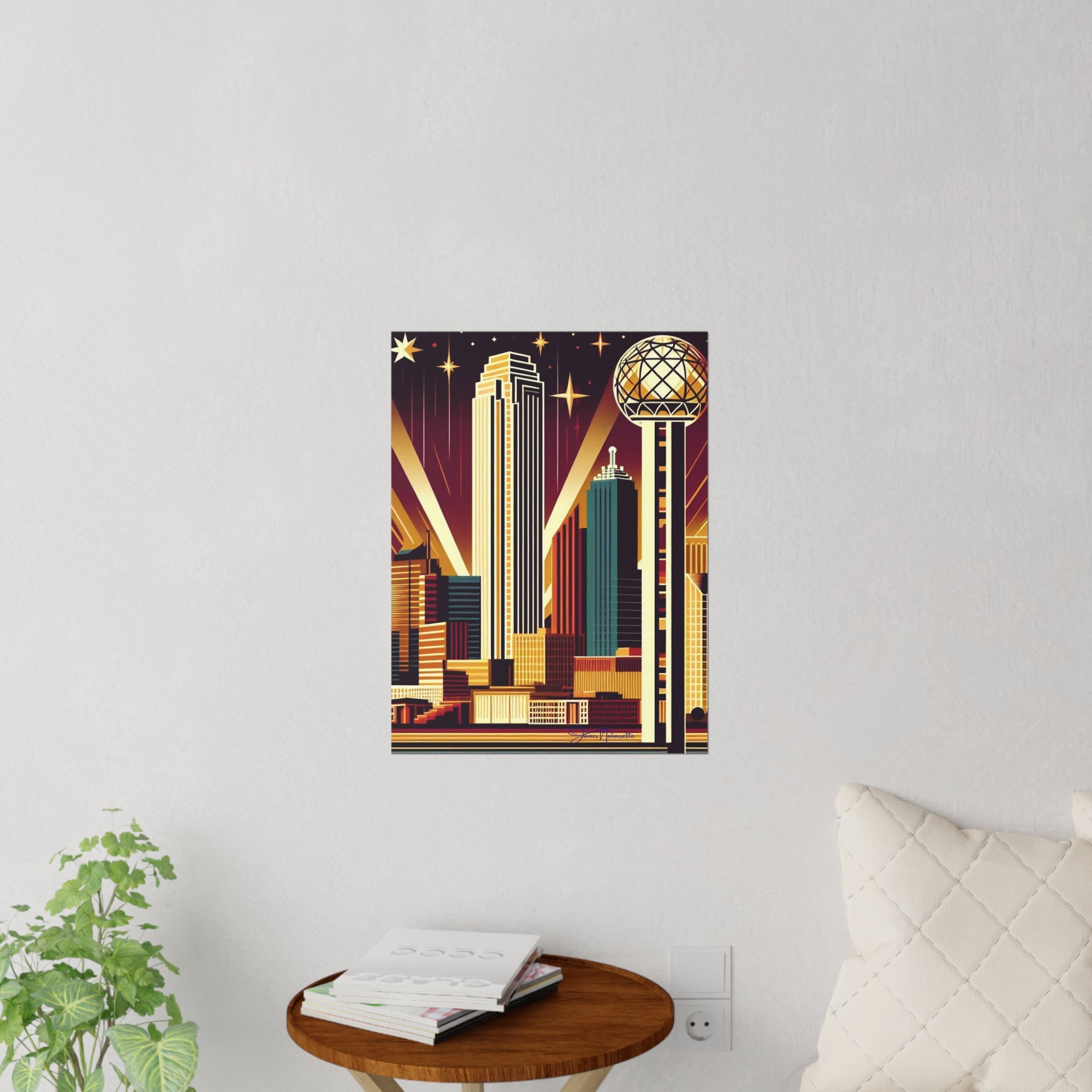 Decorative wall art of a city skyline with a plant and table in the foreground.