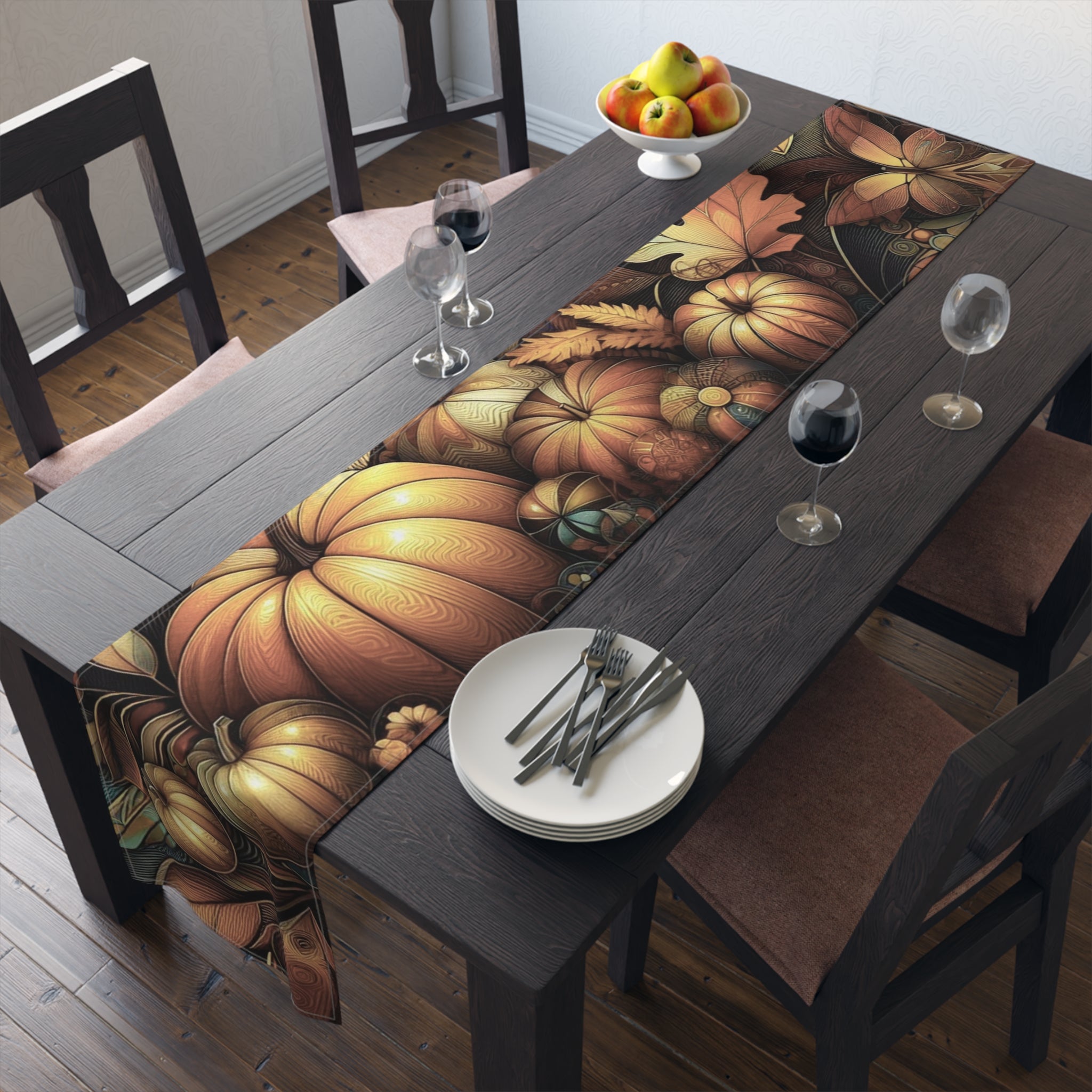 Dining table with a decorative pumpkin-themed table runner, plates, and glasses.