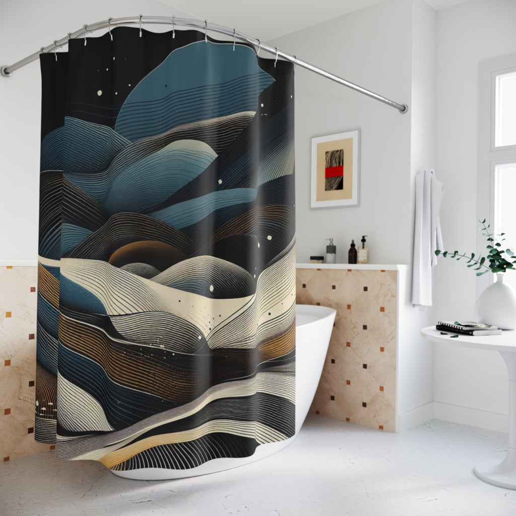 Shower curtain with abstract mountain design in a modern bathroom