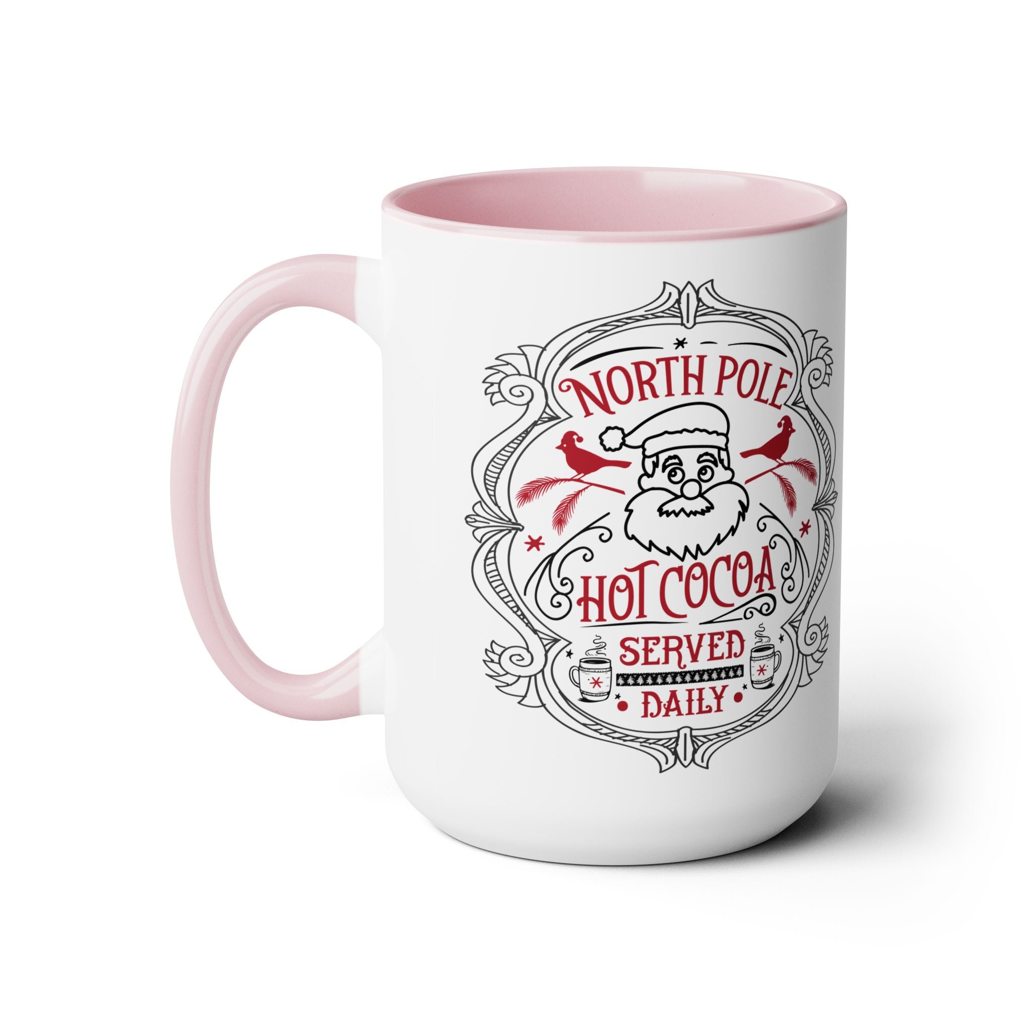 White mug with pink interior and handle, featuring a Santa Claus design and text.