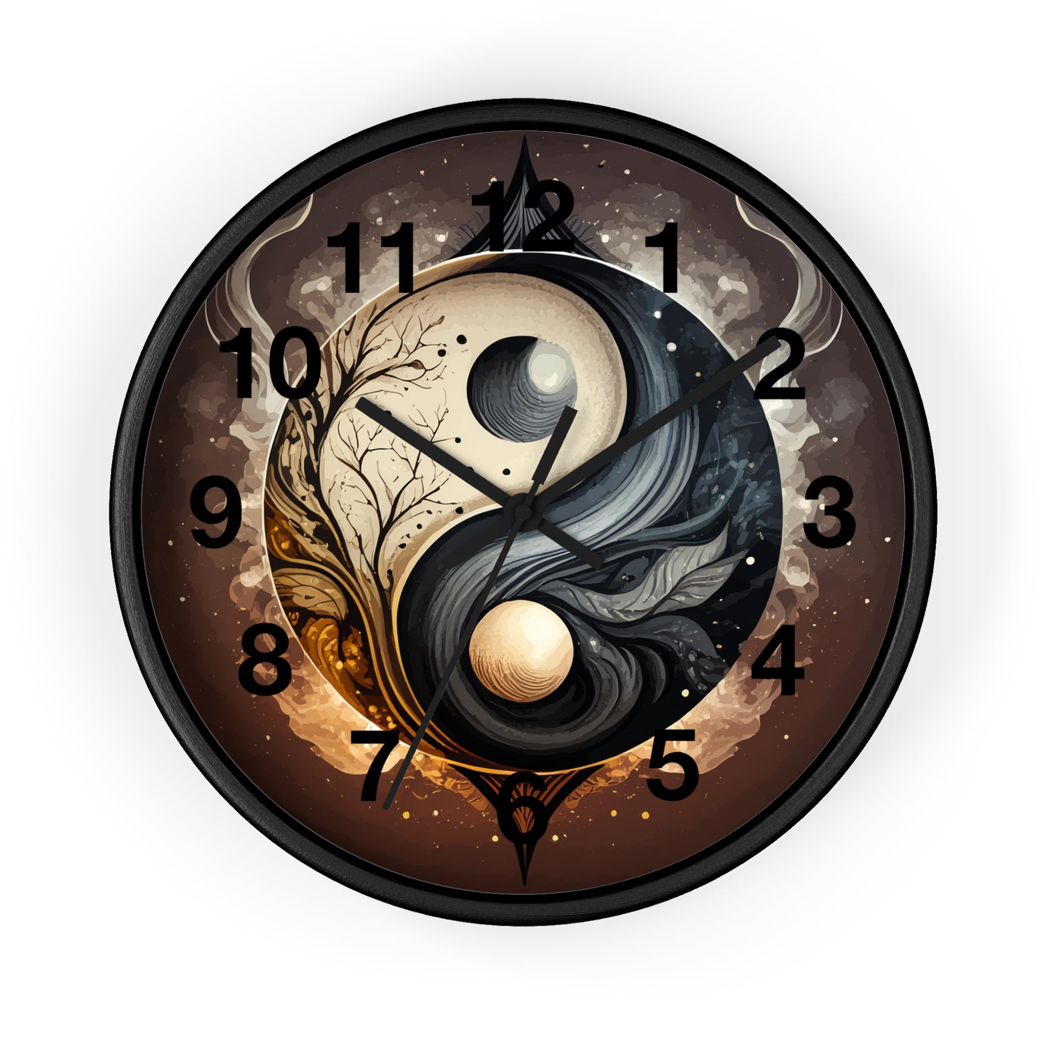 Decorative wall clock with yin yang design on a white background