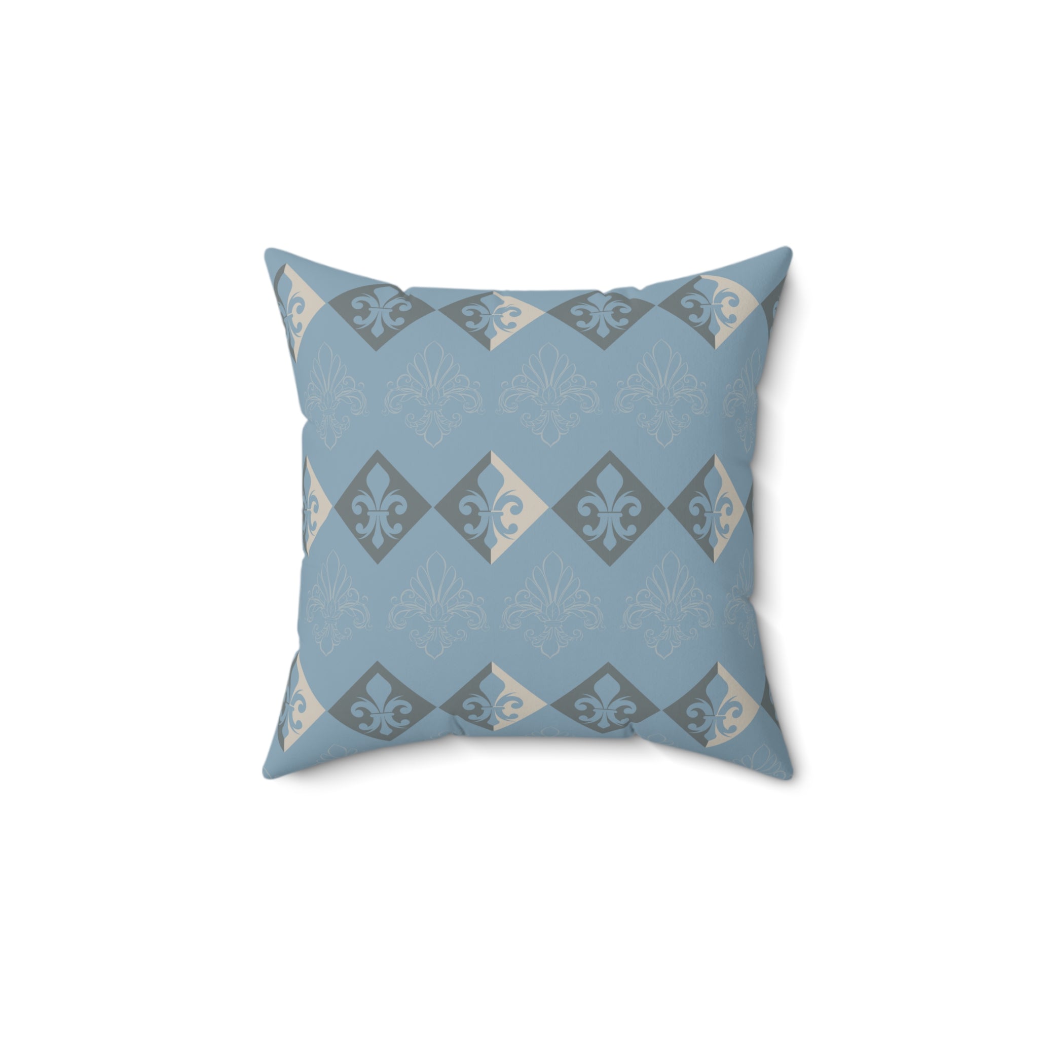 Blue pillow with geometric pattern on a white background
