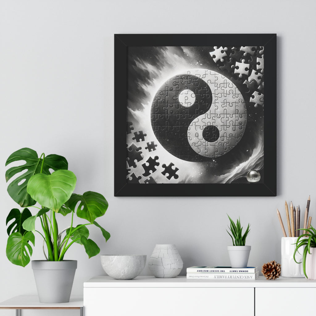 Framed artwork with a yin yang symbol made of puzzle pieces on a wall above a white cabinet with decorative items.