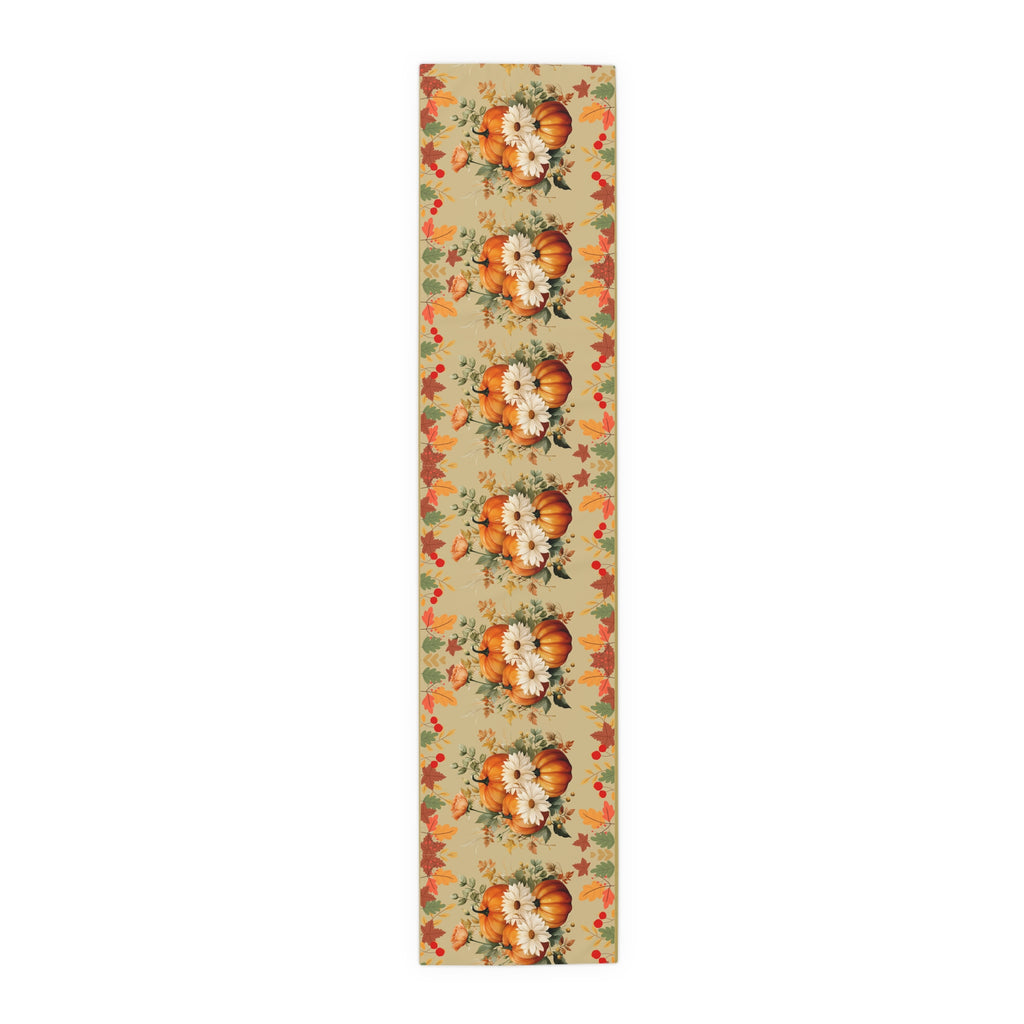 Decorative table runner with pumpkins and floral patterns on a beige background