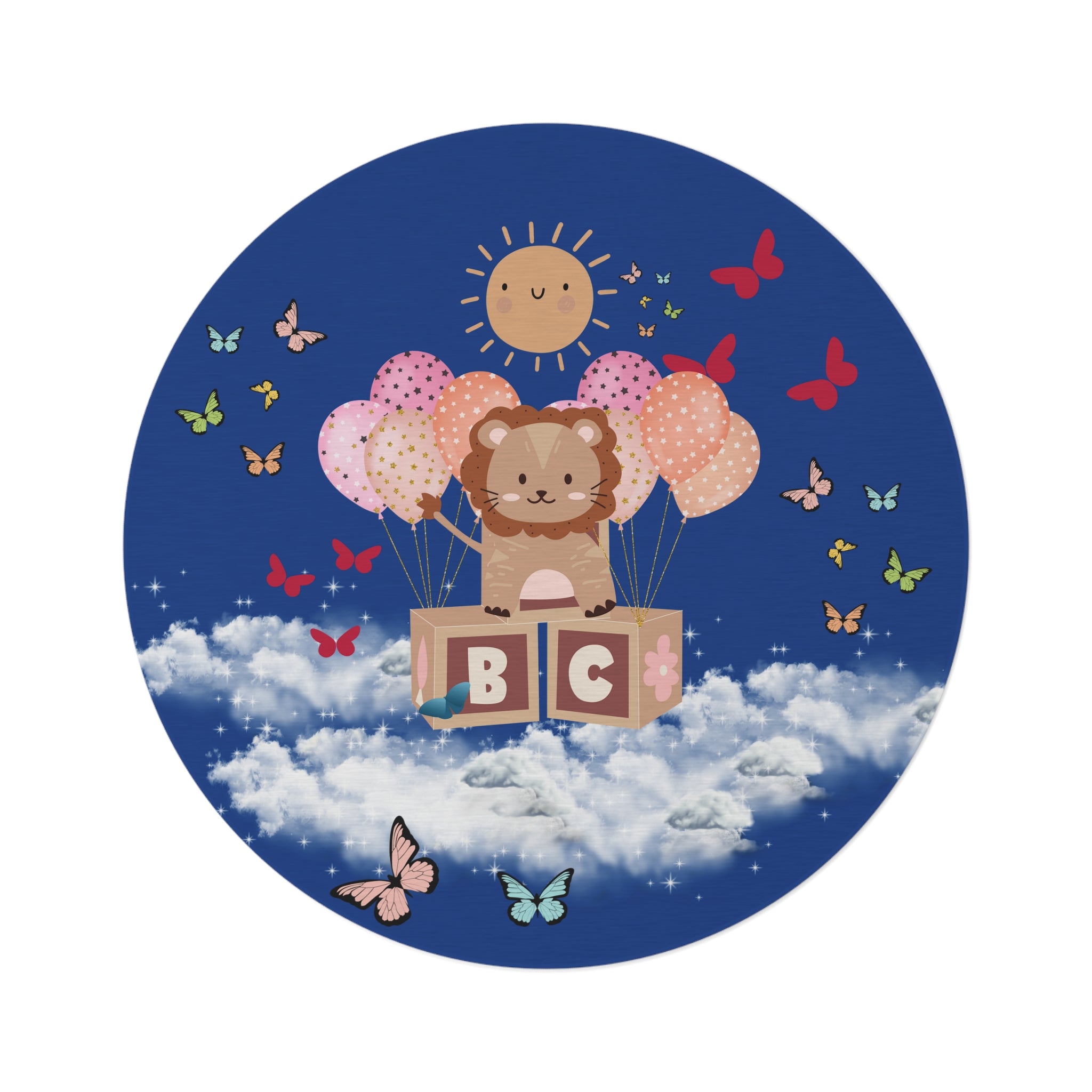 Illustration of a lion holding balloons with 'ABC' blocks against a blue sky with clouds and butterflies.