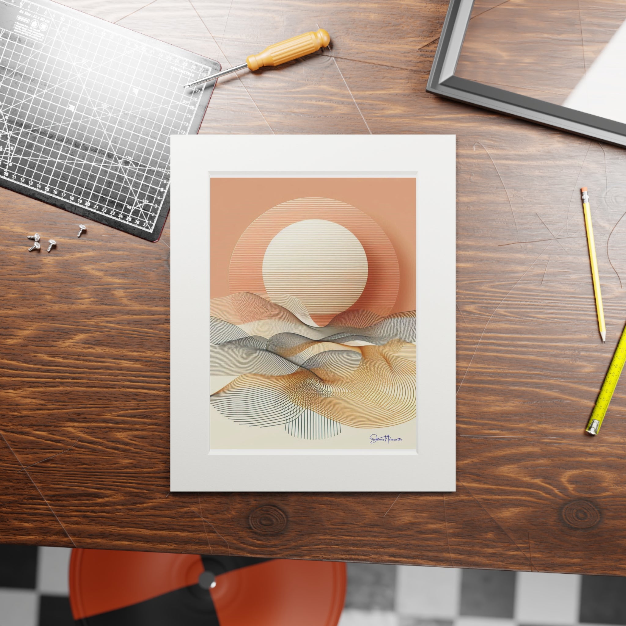 Framed abstract art print on a wooden table with tools and a chair.