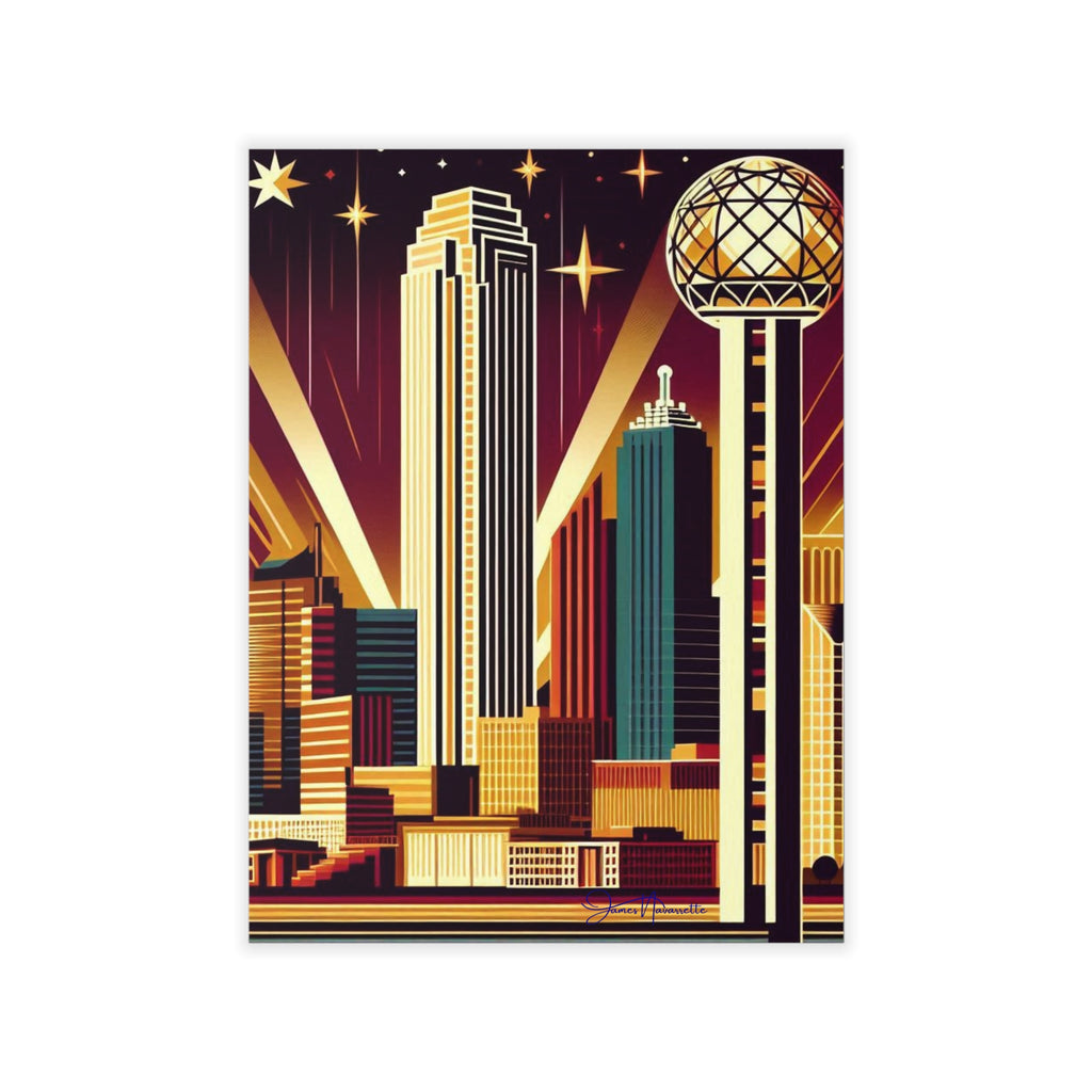 Artistic depiction of a city skyline with prominent buildings on a white background