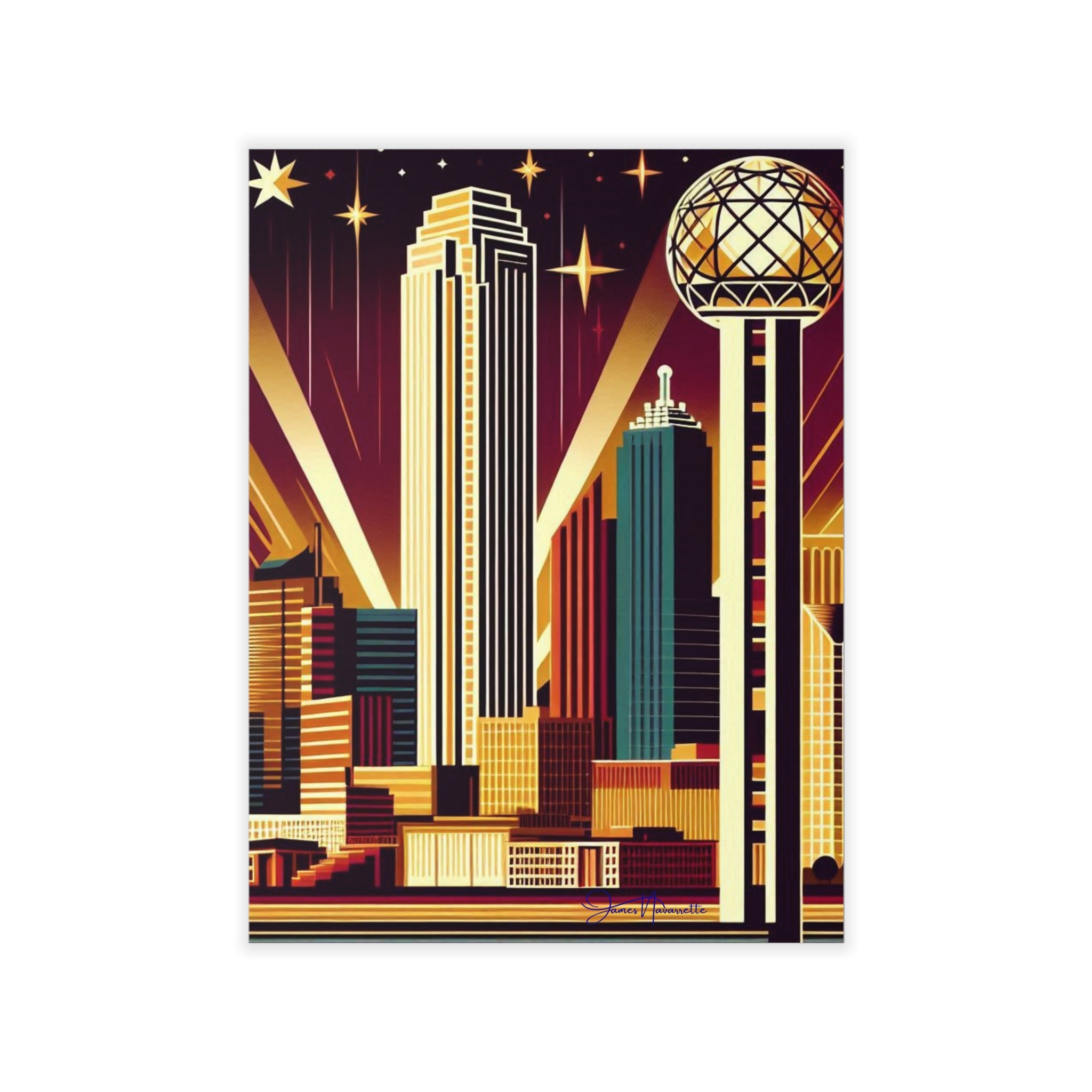 Artistic depiction of a city skyline with prominent buildings on a white background