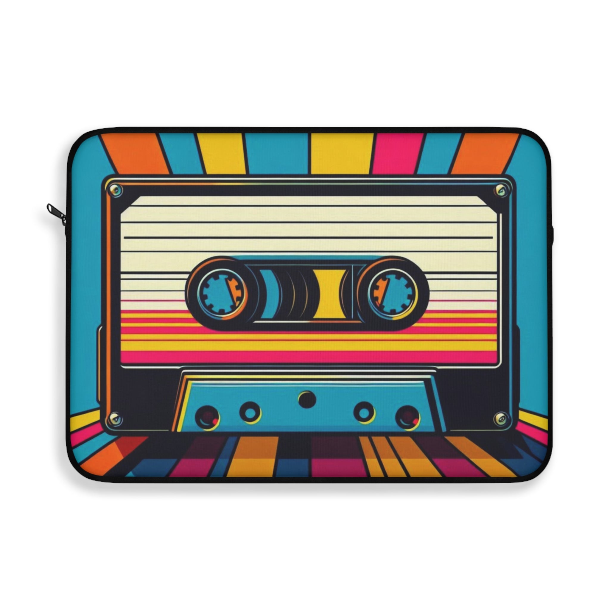 Laptop sleeve with a colorful cassette tape design on a white background