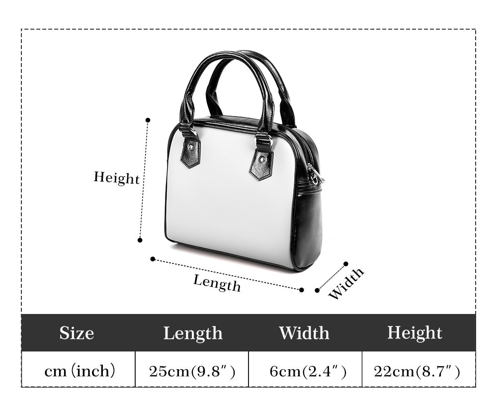 White handbag with black accents and measurements on a white background