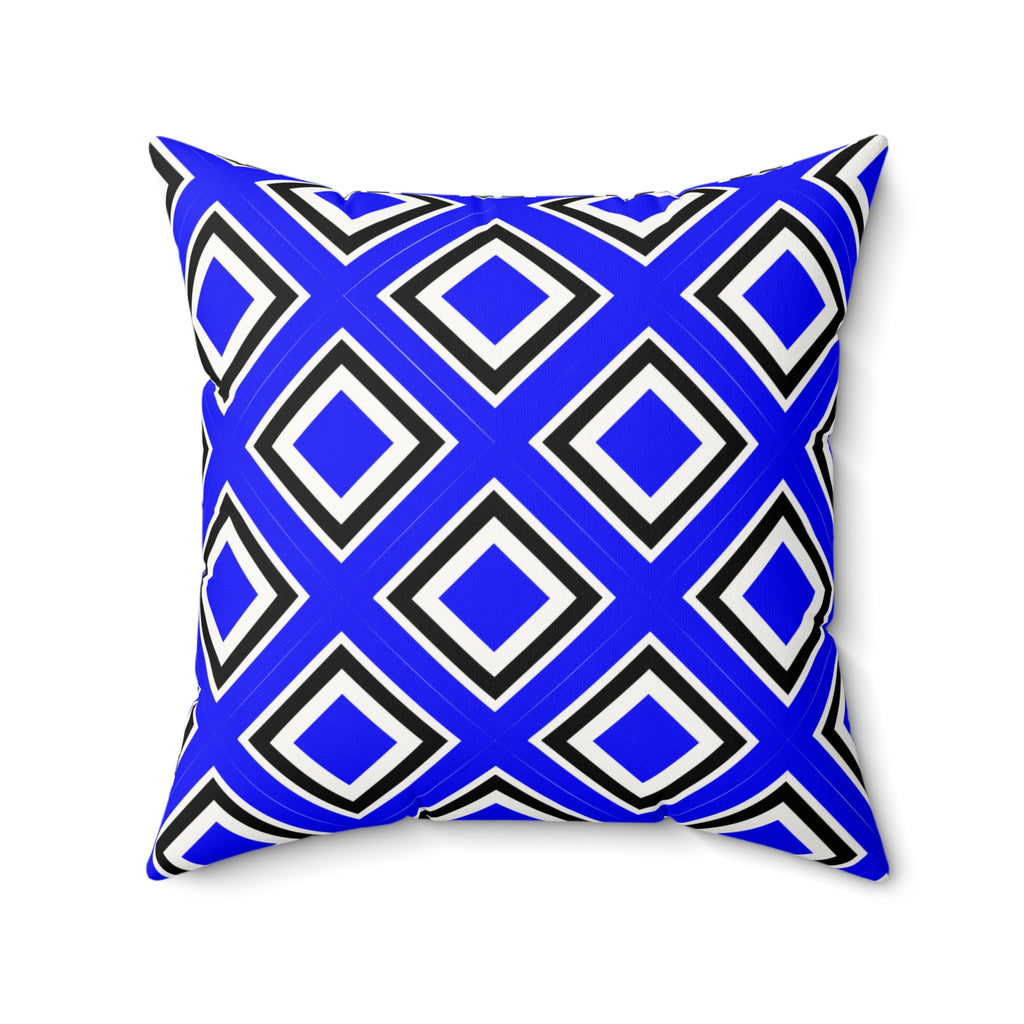 Decorative pillow with blue and black geometric pattern on a white background