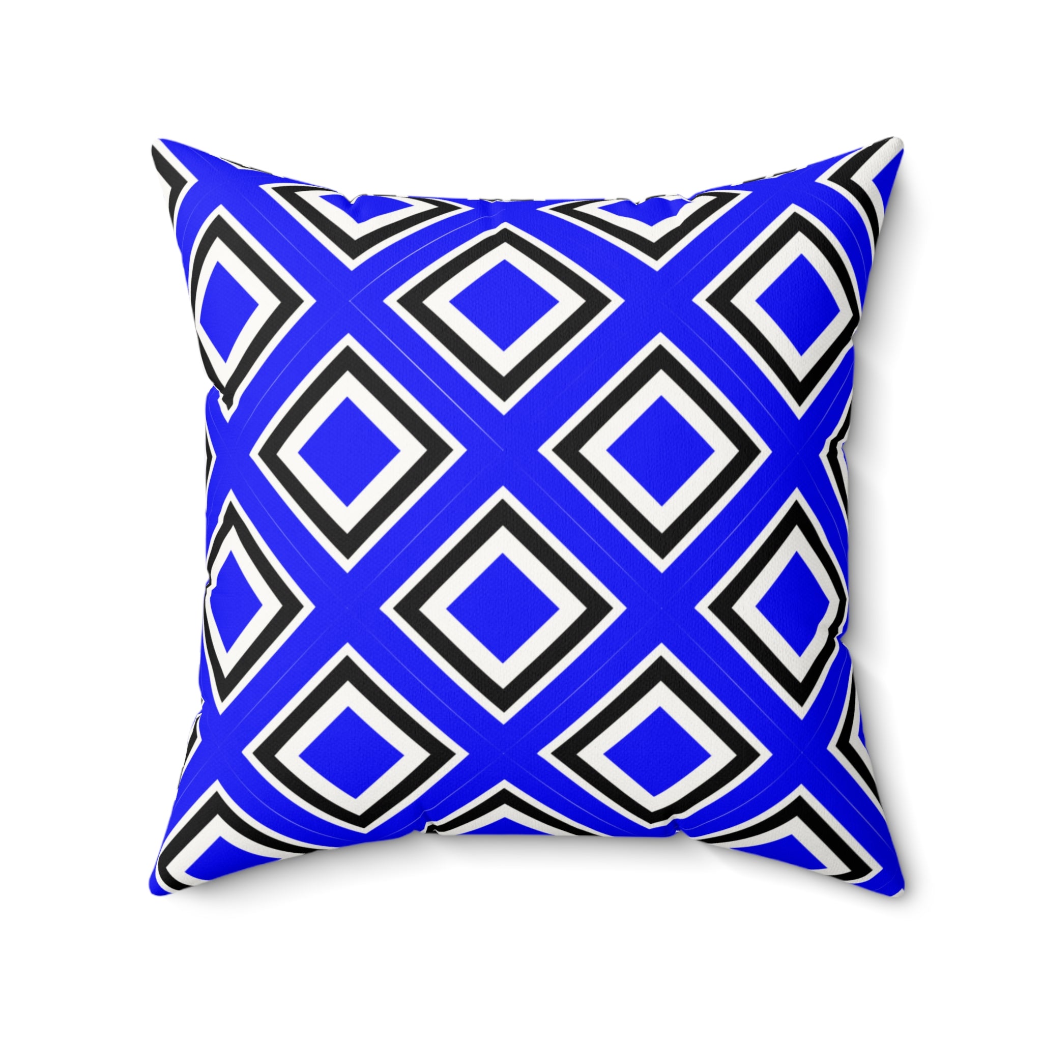 Decorative pillow with blue and black geometric pattern on a white background