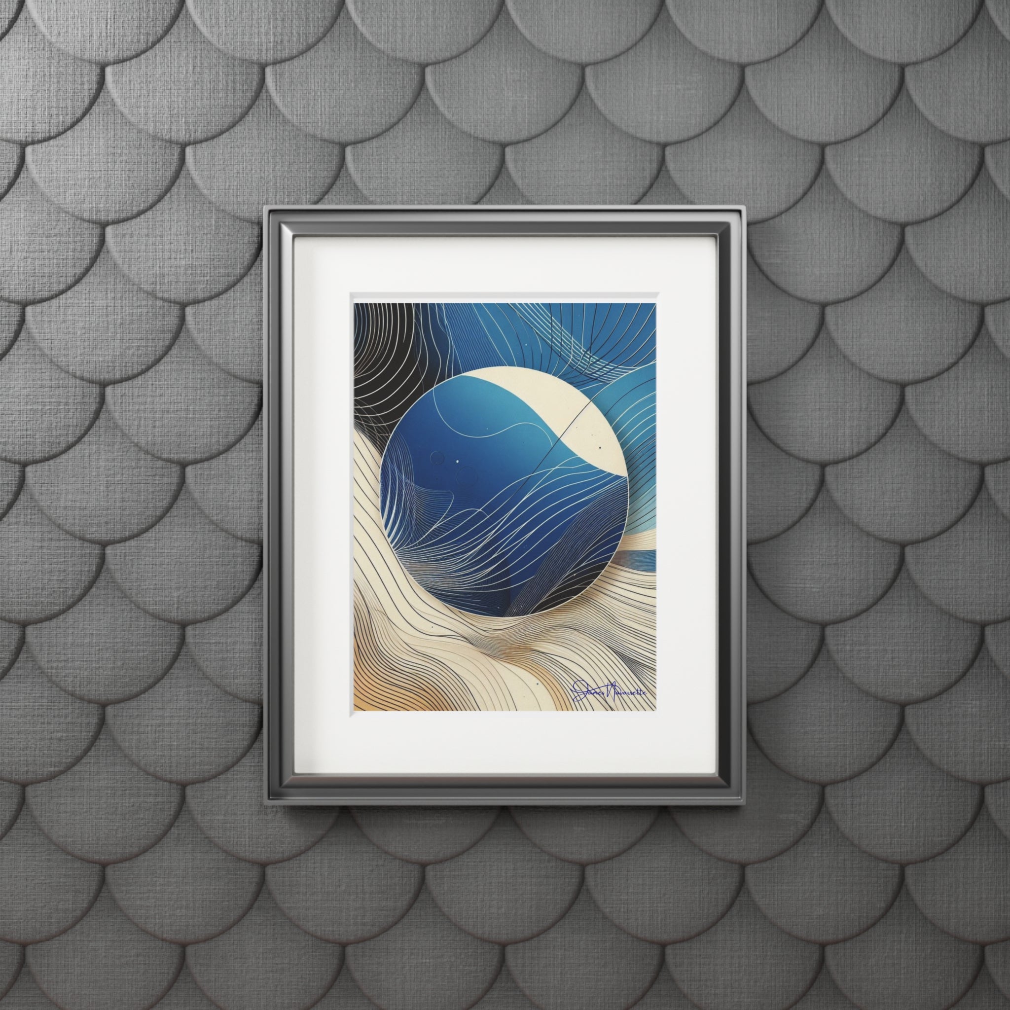 Abstract Sunrise in cobalt, cream and white in Passepartout Paper Frame