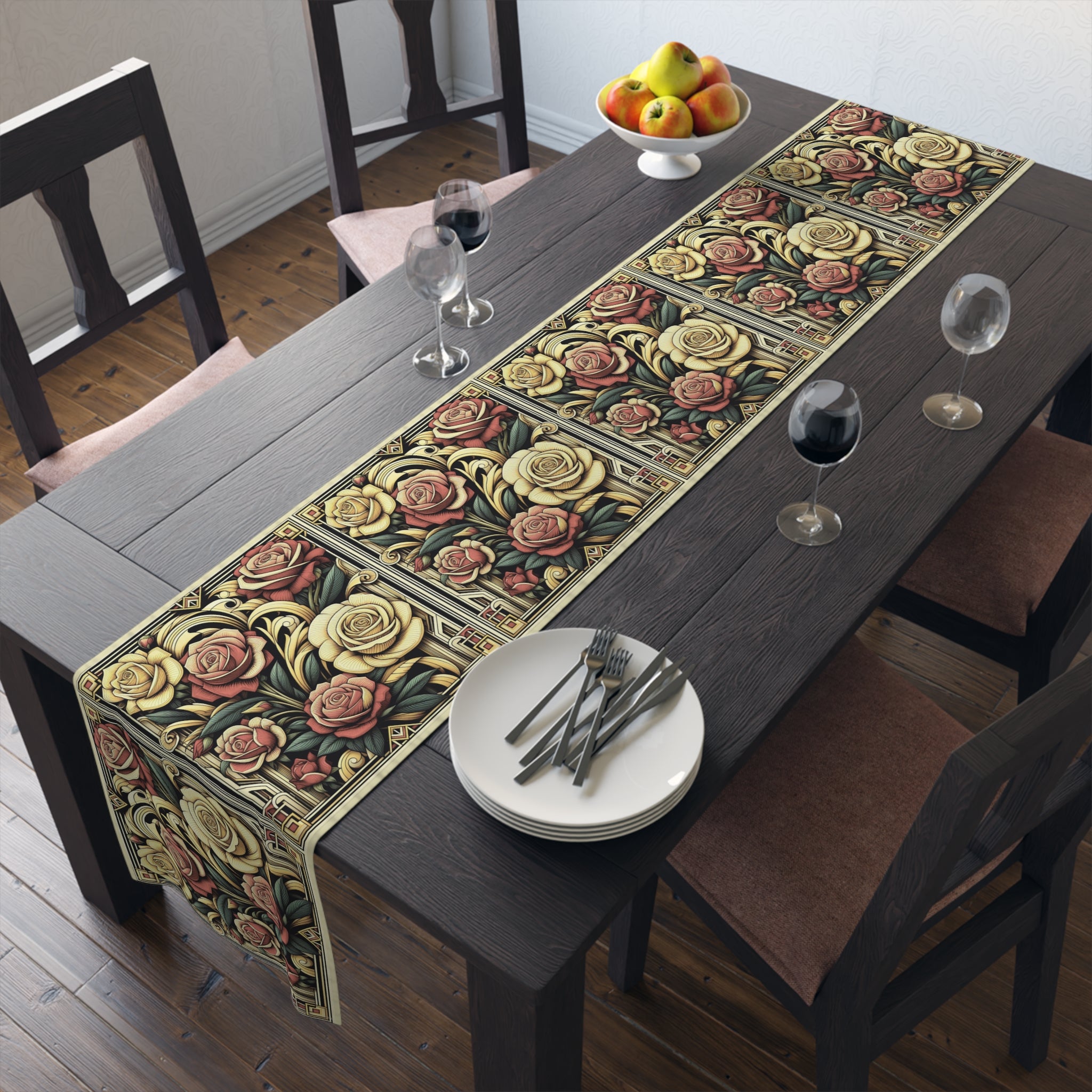 Dining table with floral table runner, plates, and glasses in a home setting.