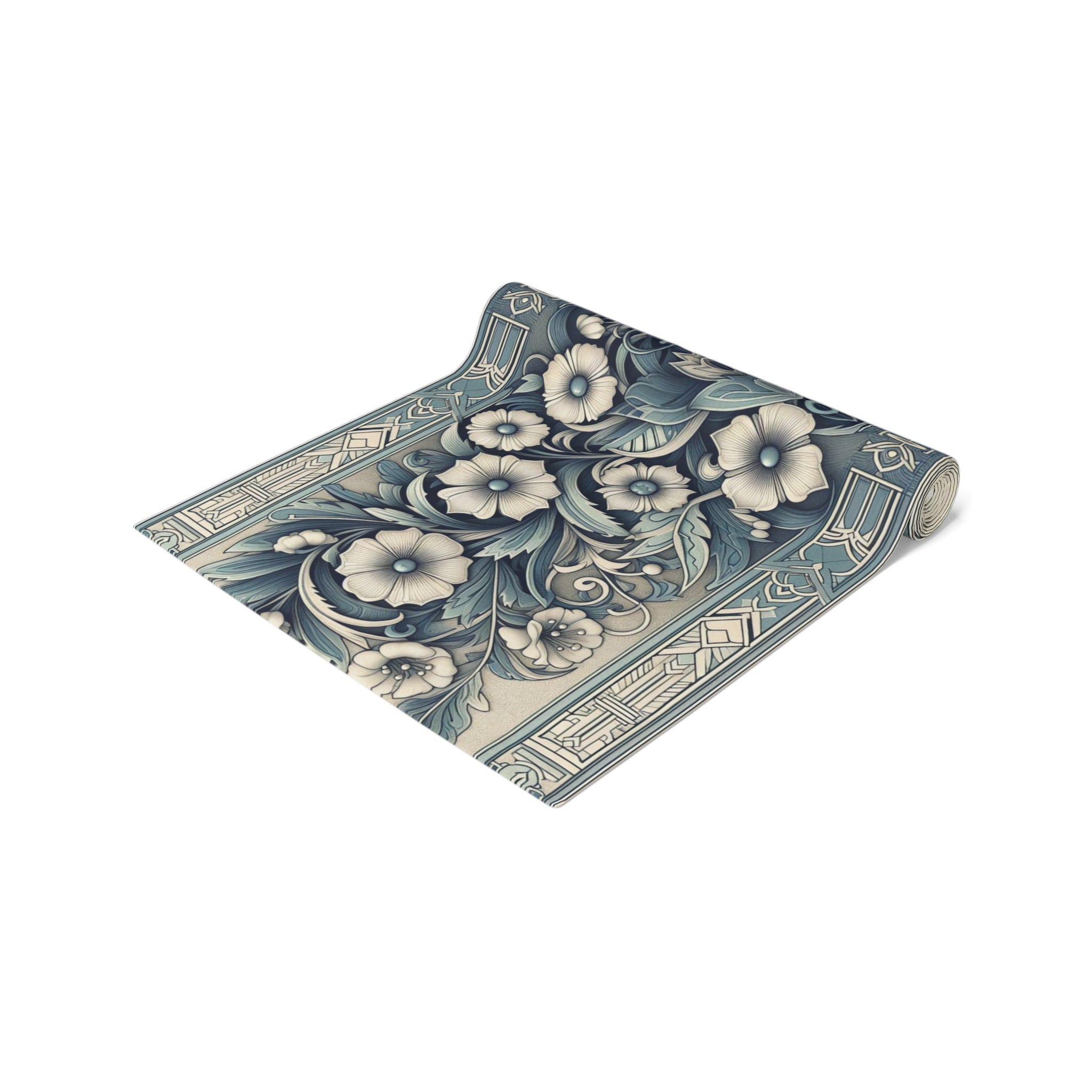 Antique Periwinkle and White Floral Pattern Table Runner- Available in Cotton Twill or Polyester - 16x72 or 16x90 -