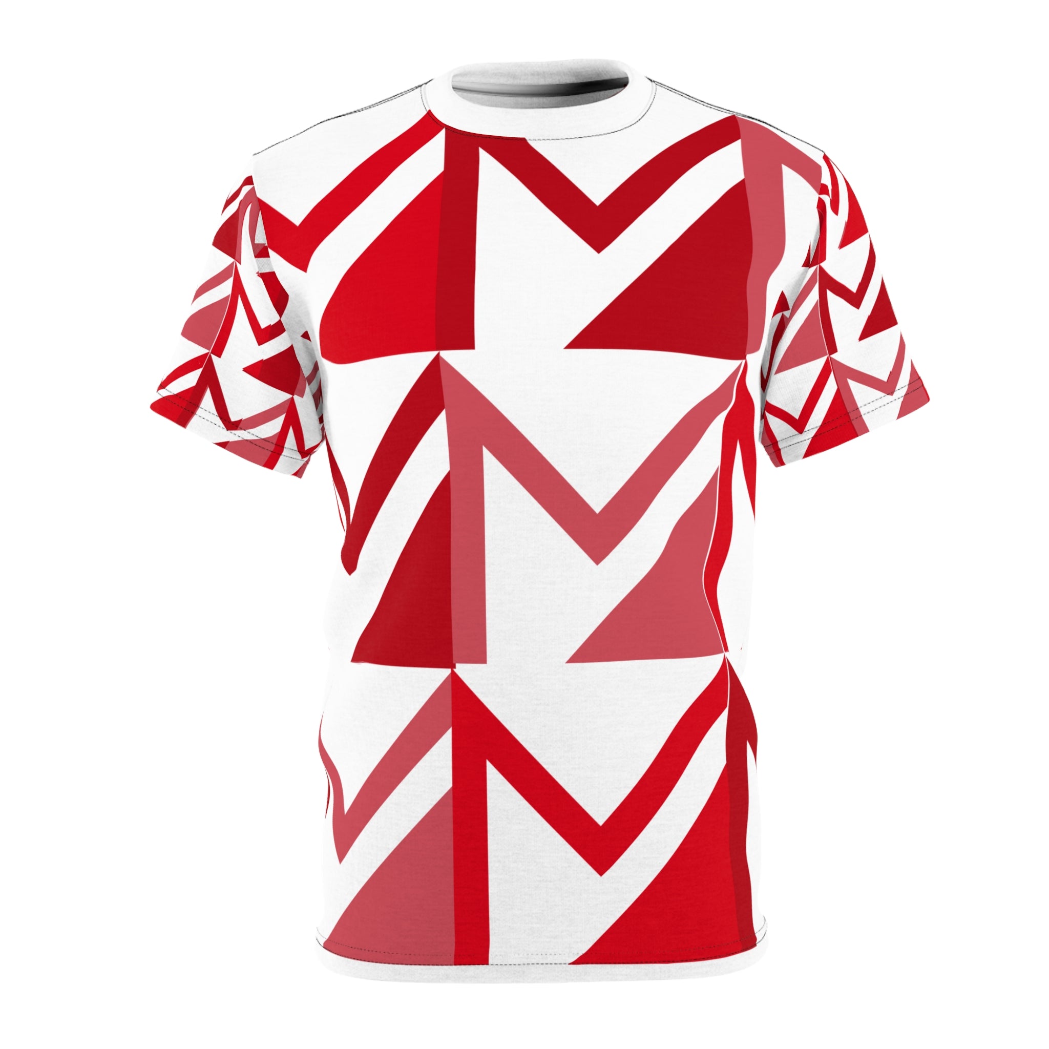 Red and white geometric patterned t-shirt on a white background