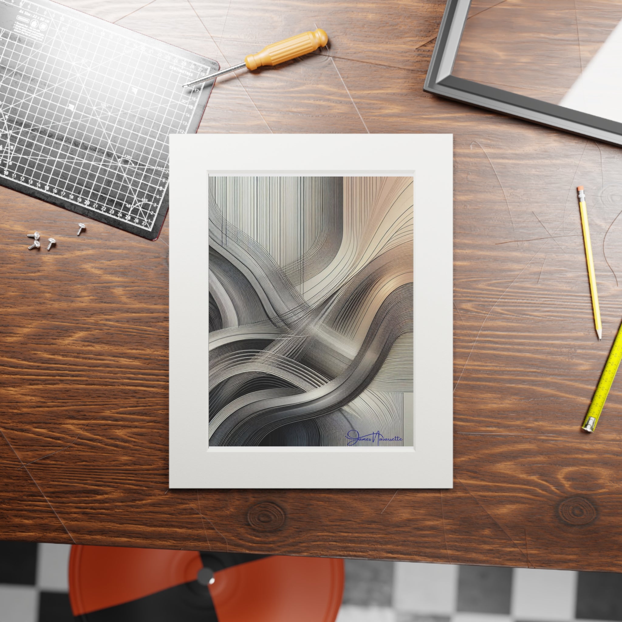 Framed abstract art on a wooden table with tools and a chair in the background