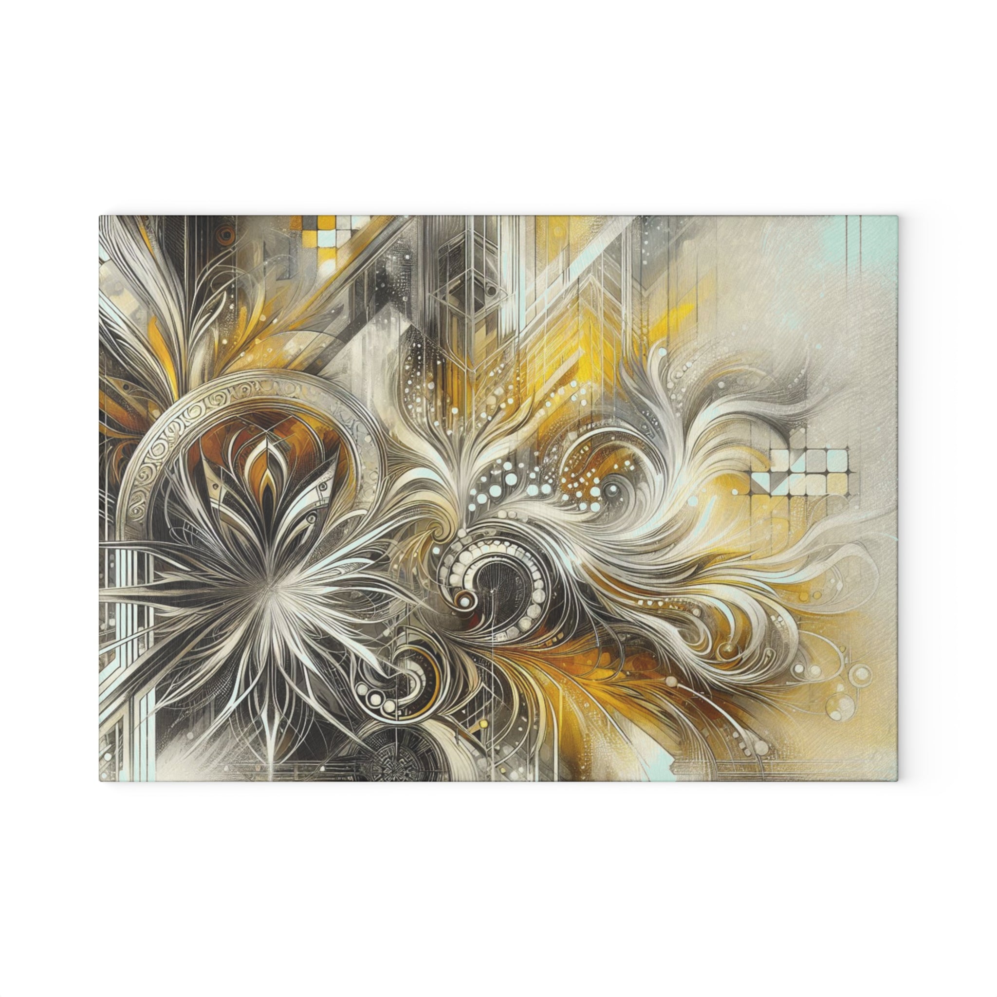 Stylish Yellow, Silver, and White Abstract Glass Cutting Board