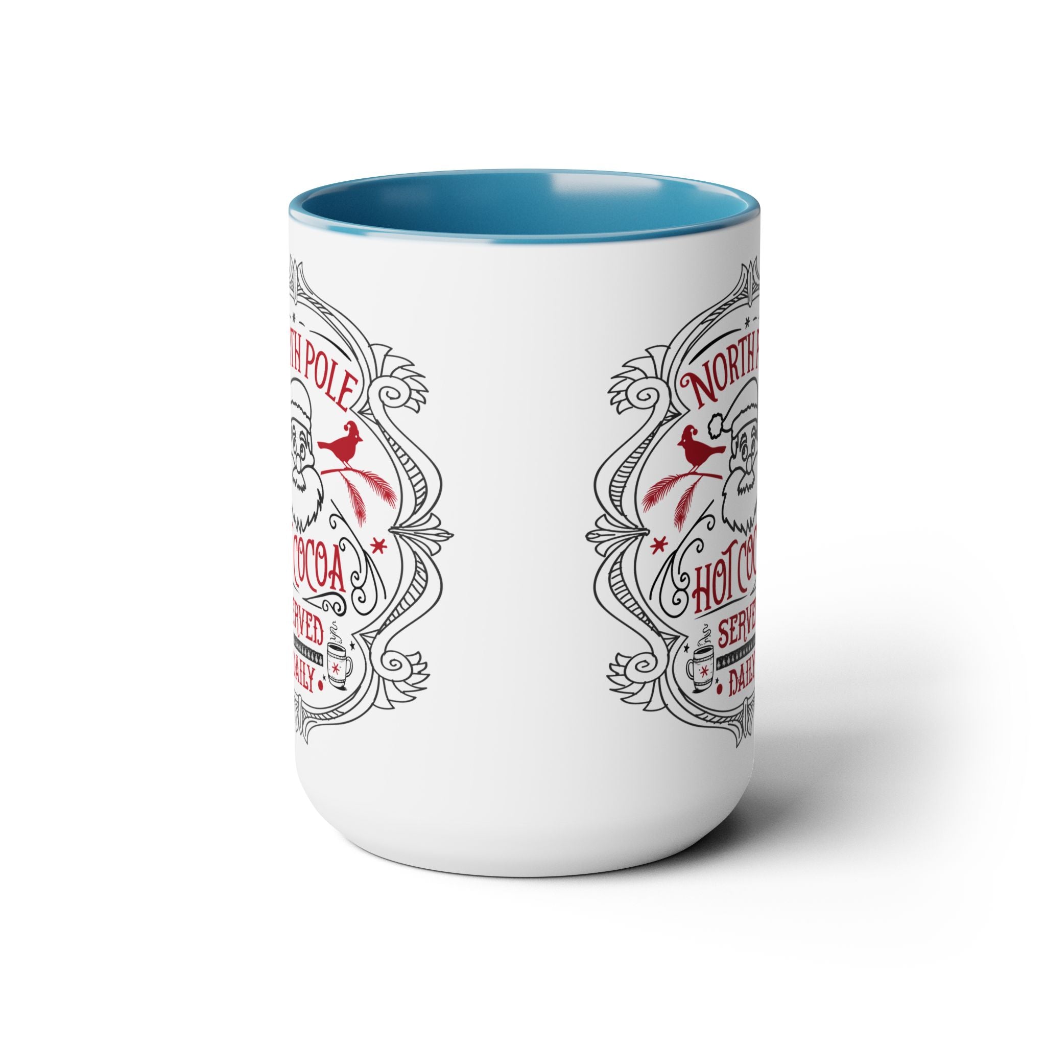 White mug with decorative text and blue interior on a white background