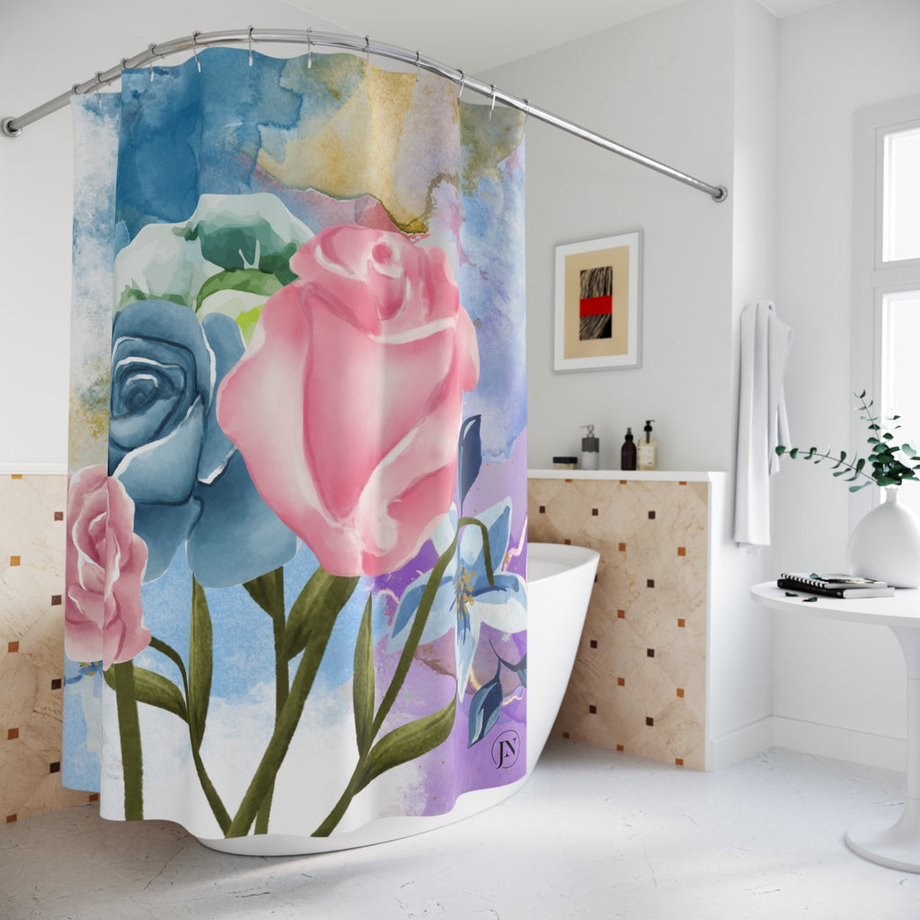 Shower curtain with floral design in a bathroom setting