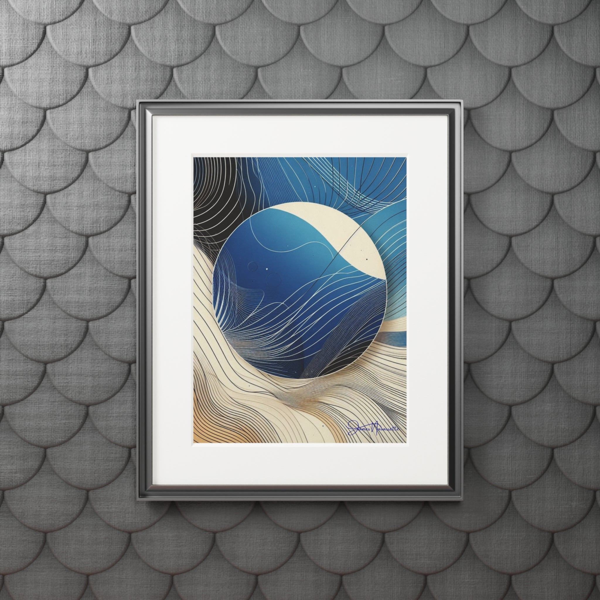 Abstract Sunrise in cobalt, cream and white in Passepartout Paper Frame