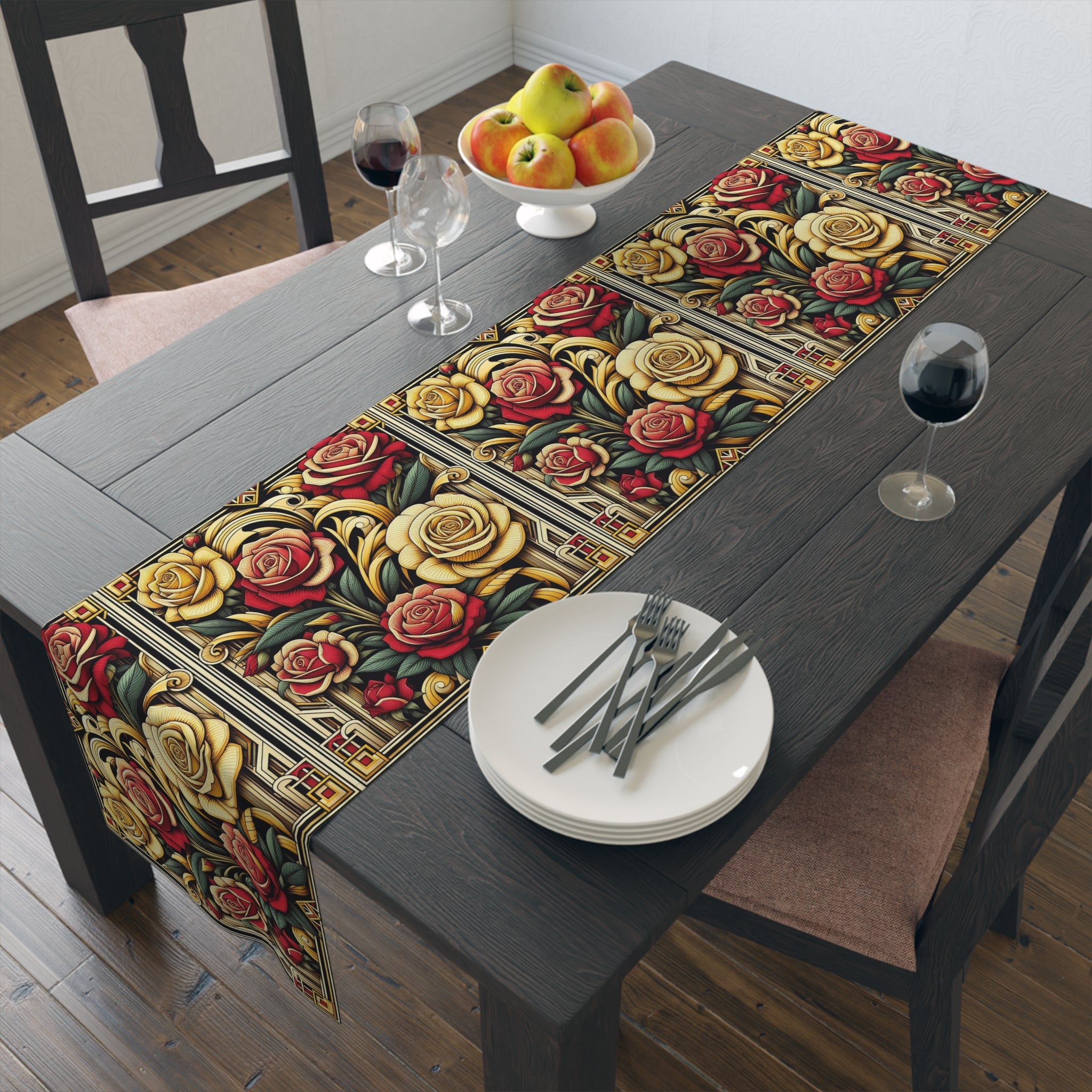 Dining table with a floral table runner, plates, and cutlery.